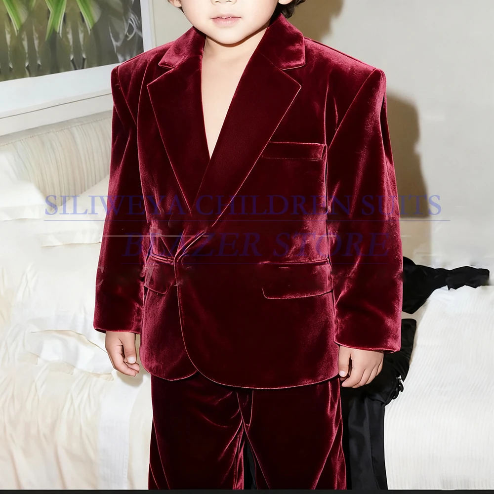 

Boy's Suits Burgundy Velvet One-Button Notch Lapel 2 Piece Jacket Pants Sets Elegant Festival Customzied Children Outfit Costume