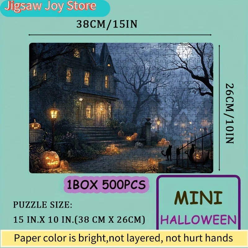 1 Caixa (500 peças) Quebra-Cabeças para Adultos Mansão Misteriosa de Halloween à Luz da Lua Aplicável para Jogos de Festa e Atividades - Cores Misturadas Assustadoras