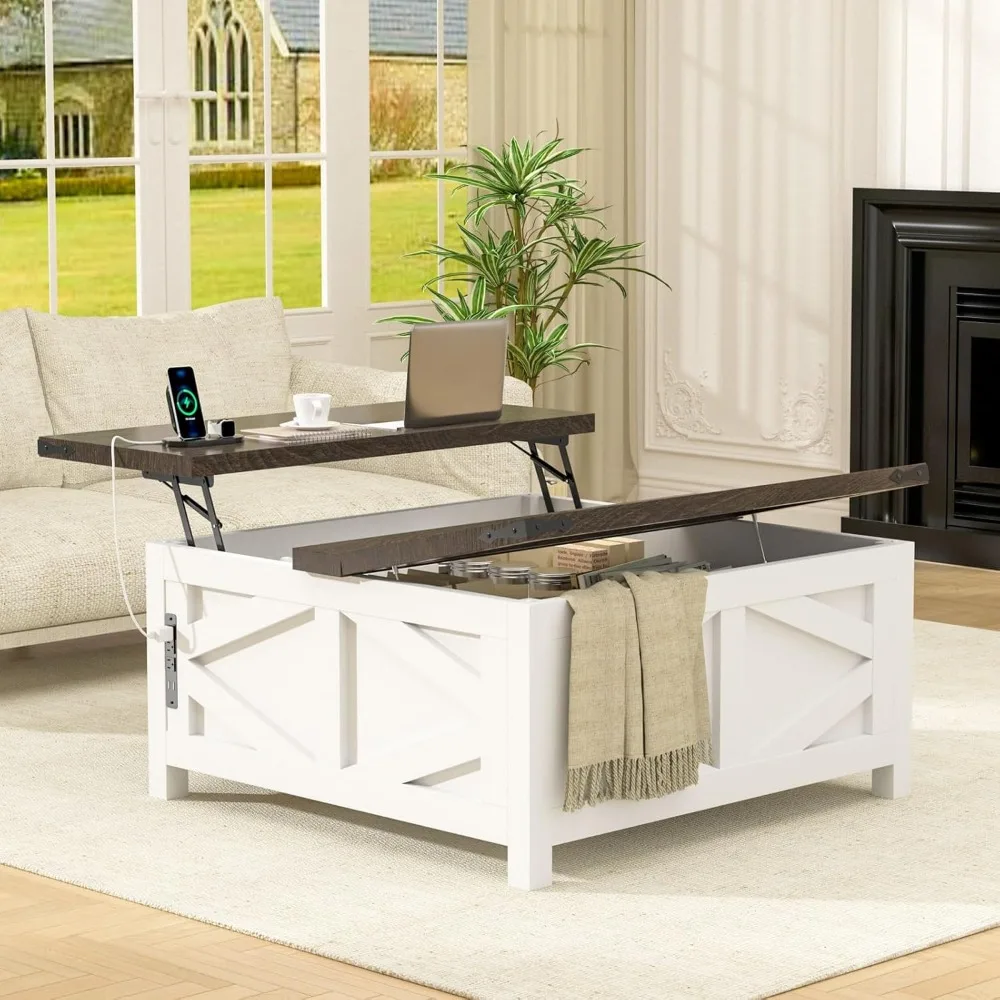 طاولة قهوة قابلة للرفع مع منافذ وشحن USB، وطاولة مركزية حديثة للمزرعة مع مساحة تخزين مخفية للشقة وغرفة المعيشة،