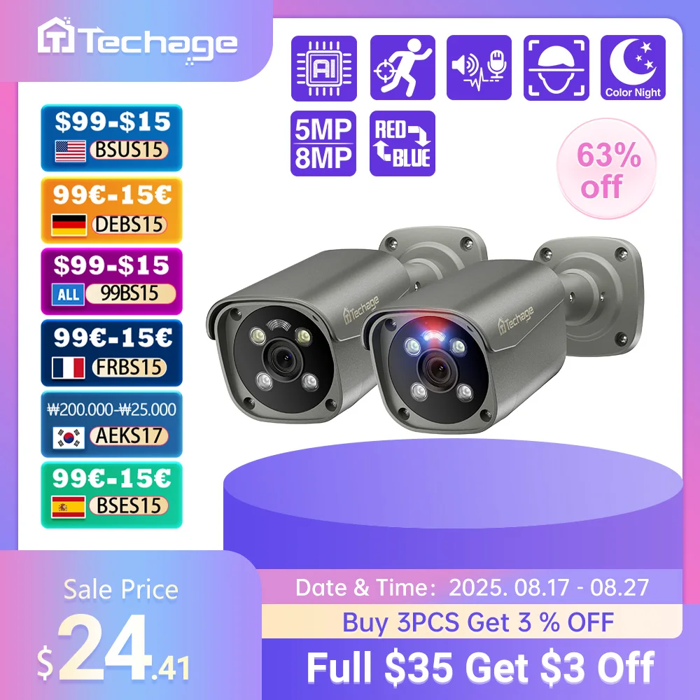 

Techage UHD 4K 8MP 5MP Камера безопасности POE Smart AI Обнаружение человека Открытая двусторонняя аудио IP-камера CCTV Наблюдение Цветная ночь