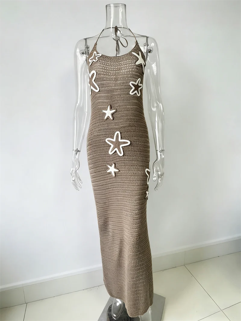 Women's Halter Backless Lace-Up Long Bandage Dress Knitted Bikini Cover-Up Summer Crochet Swimwear Robe Sexy Beach Bathing Suit
