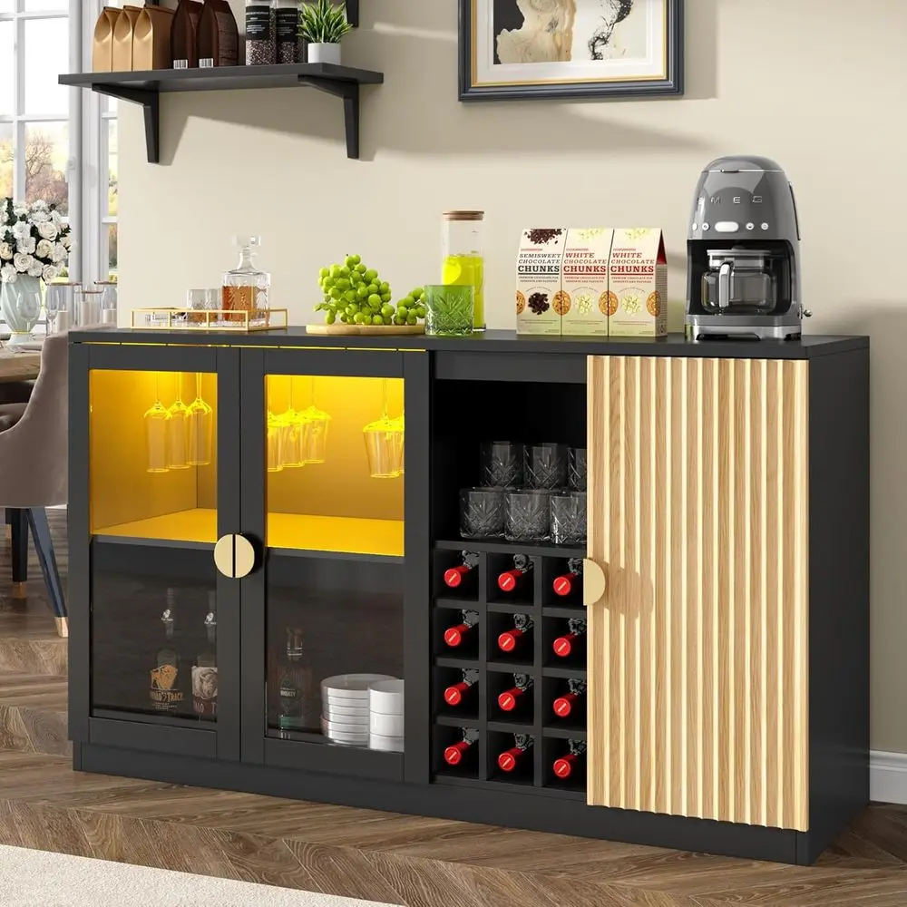 

55-дюймовый шкаф для винного бара со светодиодной подсветкой, домашний шкаф для спиртных напитков с винной стойкой и держателем для стекла, большой сервант и шкаф-бурет
