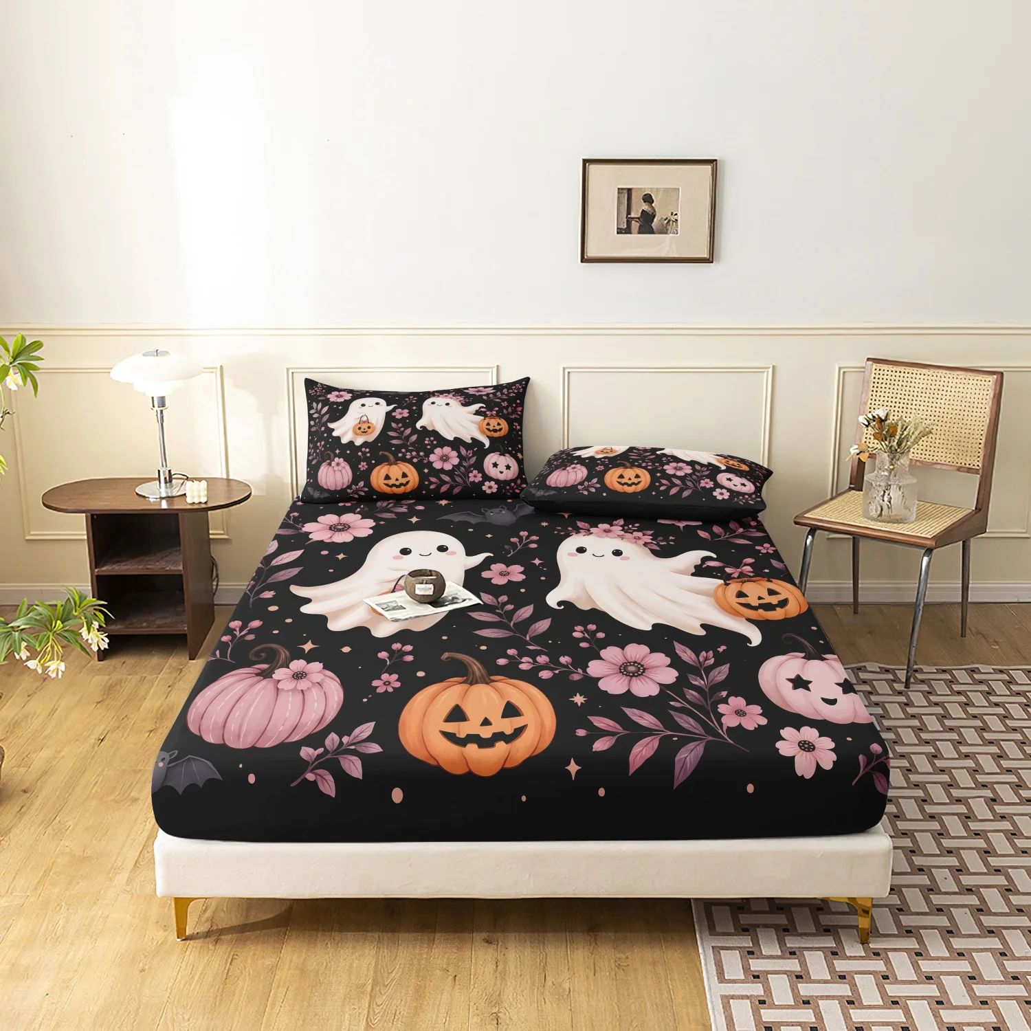 3Piece Pastel Halloween Print Fitted Sheet Set, Black Pink Flower Cute Ghost Pumpkin Bat Print Bedding, Multiple Sizes Available