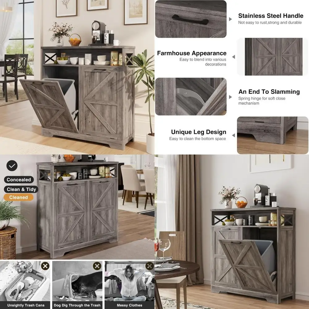 

Farmhouse Style Double Tilt-Out Trash Can Cabinet for 13 x 2 Gallon Bins, Hidden Laundry Basket Solution for Kitchen
