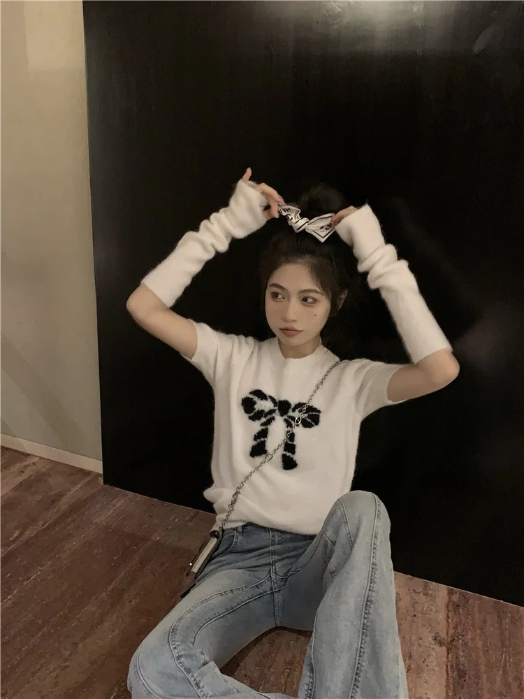 

Detachable Sleeve Knitted Sweater Women Female Clothing Summer Mesh See-Through Scalloped Edge Patch Butterfly Lettuce U-Neck OL