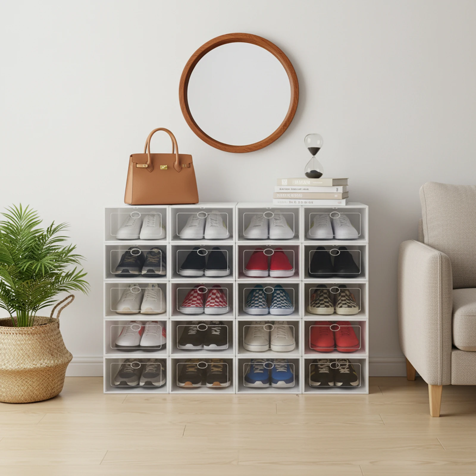Shoe Box Display - 20 Stück stapelbare Schuhaufbewahrungsboxen, faltbare Kunststoff-Schuh-Organizer