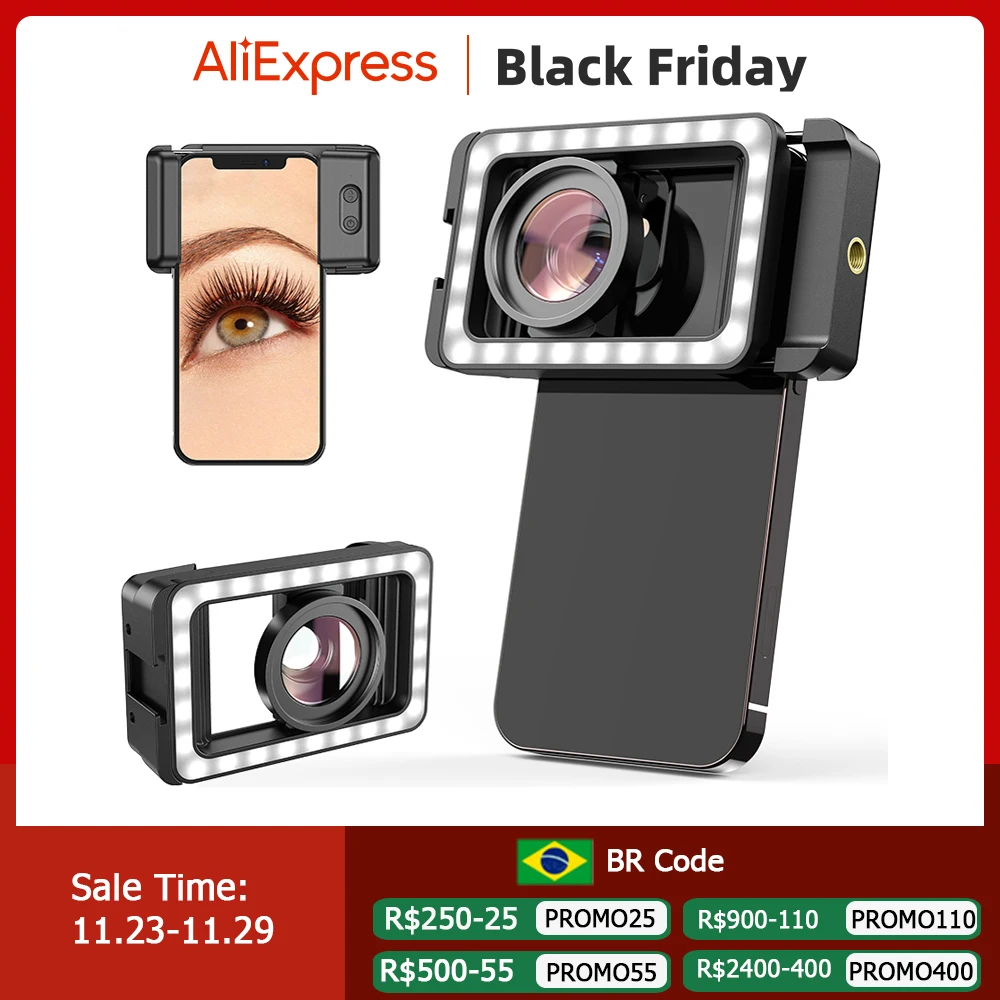 APEXEL-Atualizado Lente Macro HD 15x com Luz de Preenchimento LED, Grampo Universal, Micro Lentes para iPhone, Samsung, Todos os Smartphones, Novo