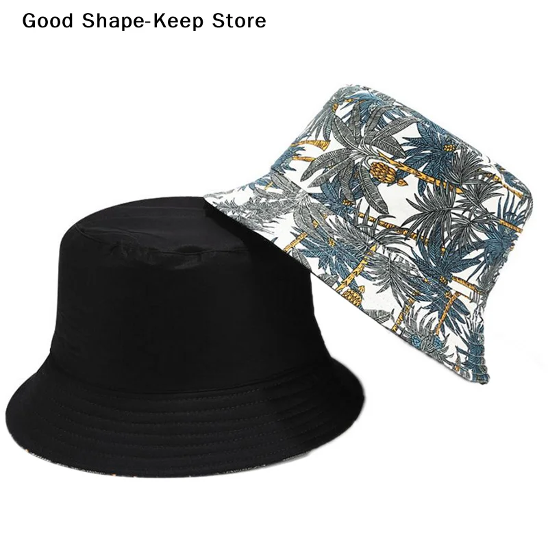 Fashion Double Sided Cartoon Graffiti Bucket Hat Travel Sun Cap Men Women New Banana tree double-sided fisherman's hat
