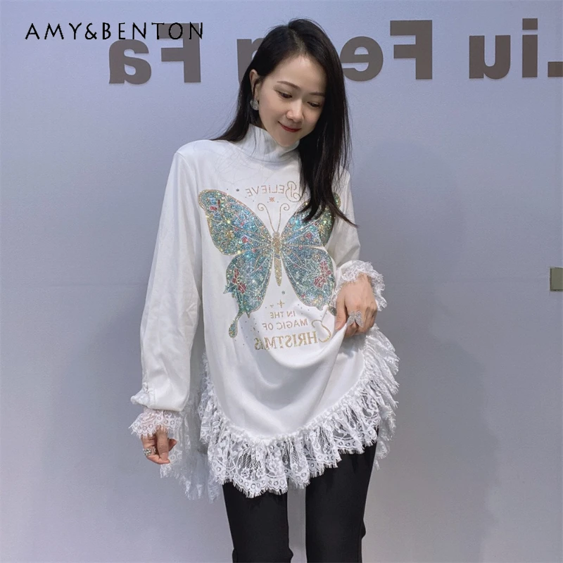 

High-End Double-Sided Fleece Half-Turtleneck Loose Bottoming Shirt Lace Patchwork Rhinestones Mid-Length Long Sleeves T-Shirts