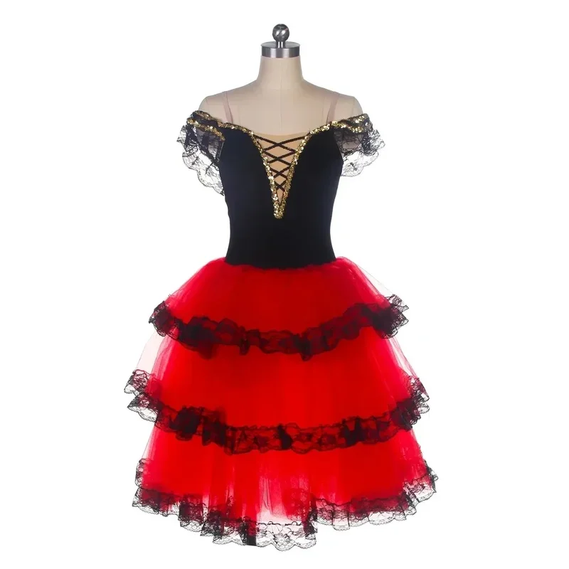 Red Long Romantic Tutu Ballet Skirt For Girls Women Adults Spanish Dress Ballet Dance Performance Costumes Professional Tutus