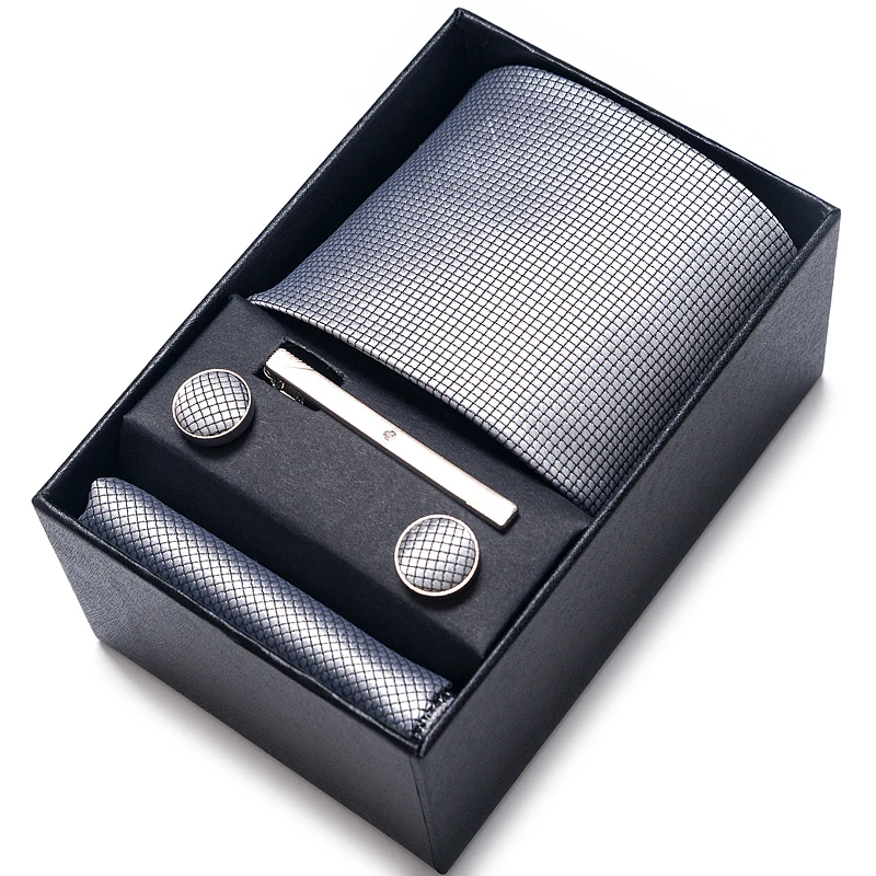 Brand Fashion 8 cm Gift Box Wide Tie Sets Blue Stripe Men\'s Neck Tie Handkerchief Cufflinks Clip Box Wedding Gift Silk  Gravtas