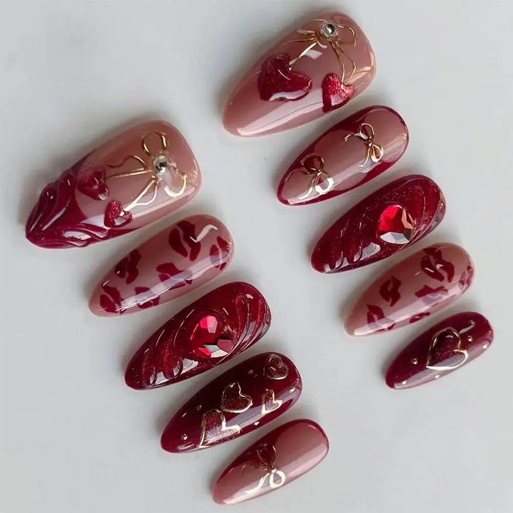 

24PCS Almond False Nails Retro Red Press on Nails with 3D Lips Heart Golden Bow Design French Tip Glitter Fake Nails for Women