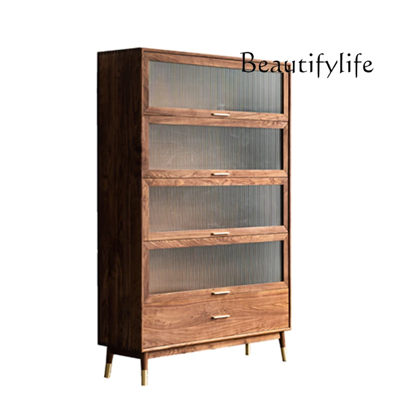 

European-Style Retro Black Walnut Solid Wood Bookcase Simple Modern Dustproof Glass Flip-Door Storage Display Cabinet