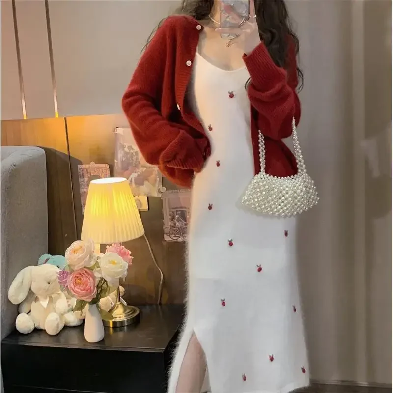 Korejpaa Sweet Strawberry Embroidery Knitted Sling Dress Women Korean Chic Clothing Gentle Long Sleeve Red Sweater Cardigan