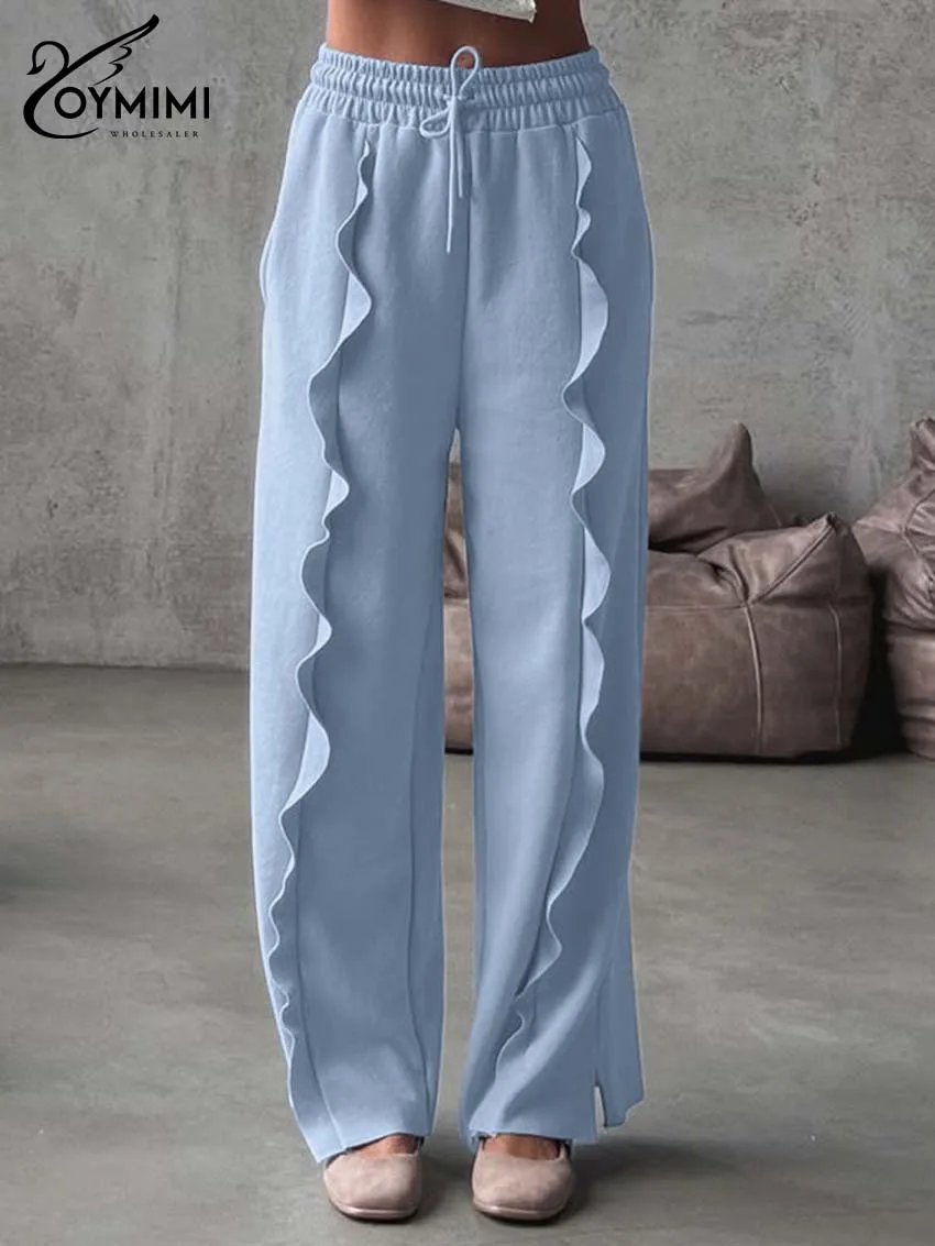 

Oymimi Elegant Blue Ruffled Women Pants Fashion High Waisted Drawstring Trousers Autumn Casual Straight Pockets Side Slit Pants