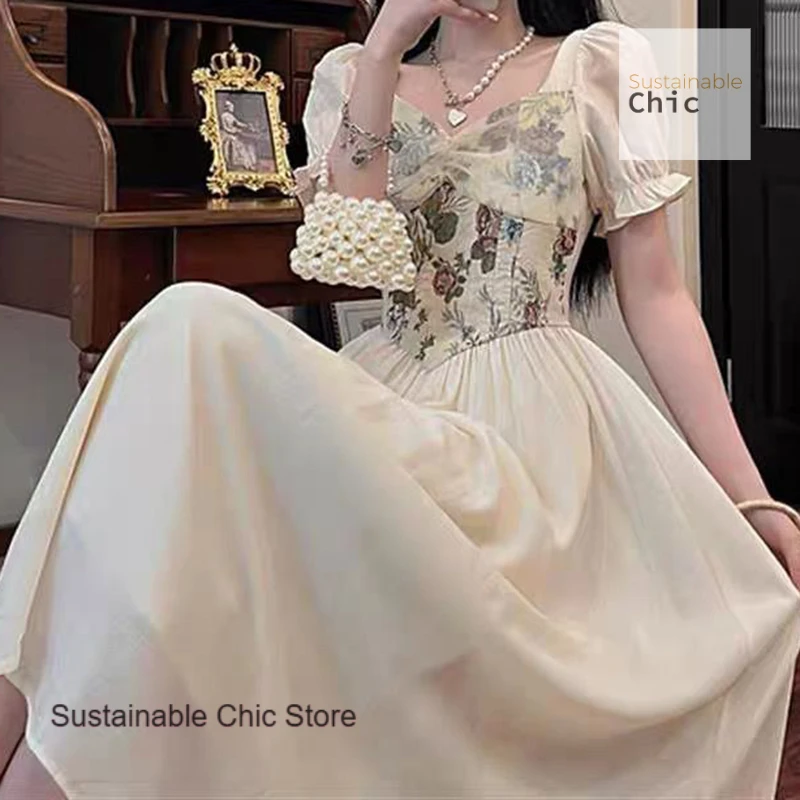 

French retro palace style fake two-piece short-sleeved dress female summer new high-grade temperament waist slim skirt.
