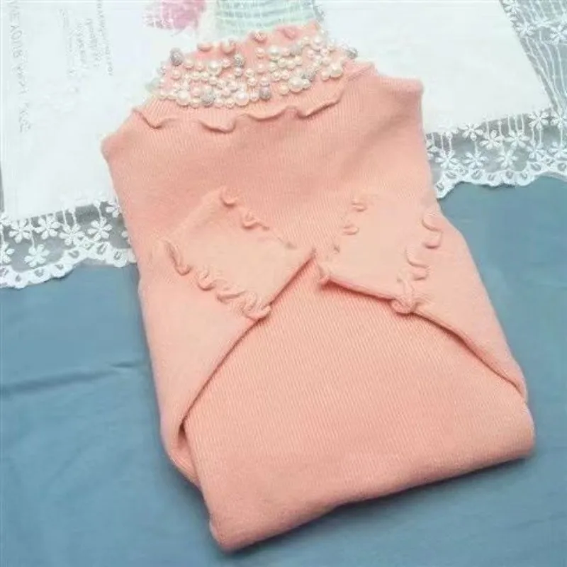 

Autumn Winter Solid Color Pullover Long Sleeve Ruffles Embroidered Flares Half High Collar Sweater Knitted Women's Casual Tops