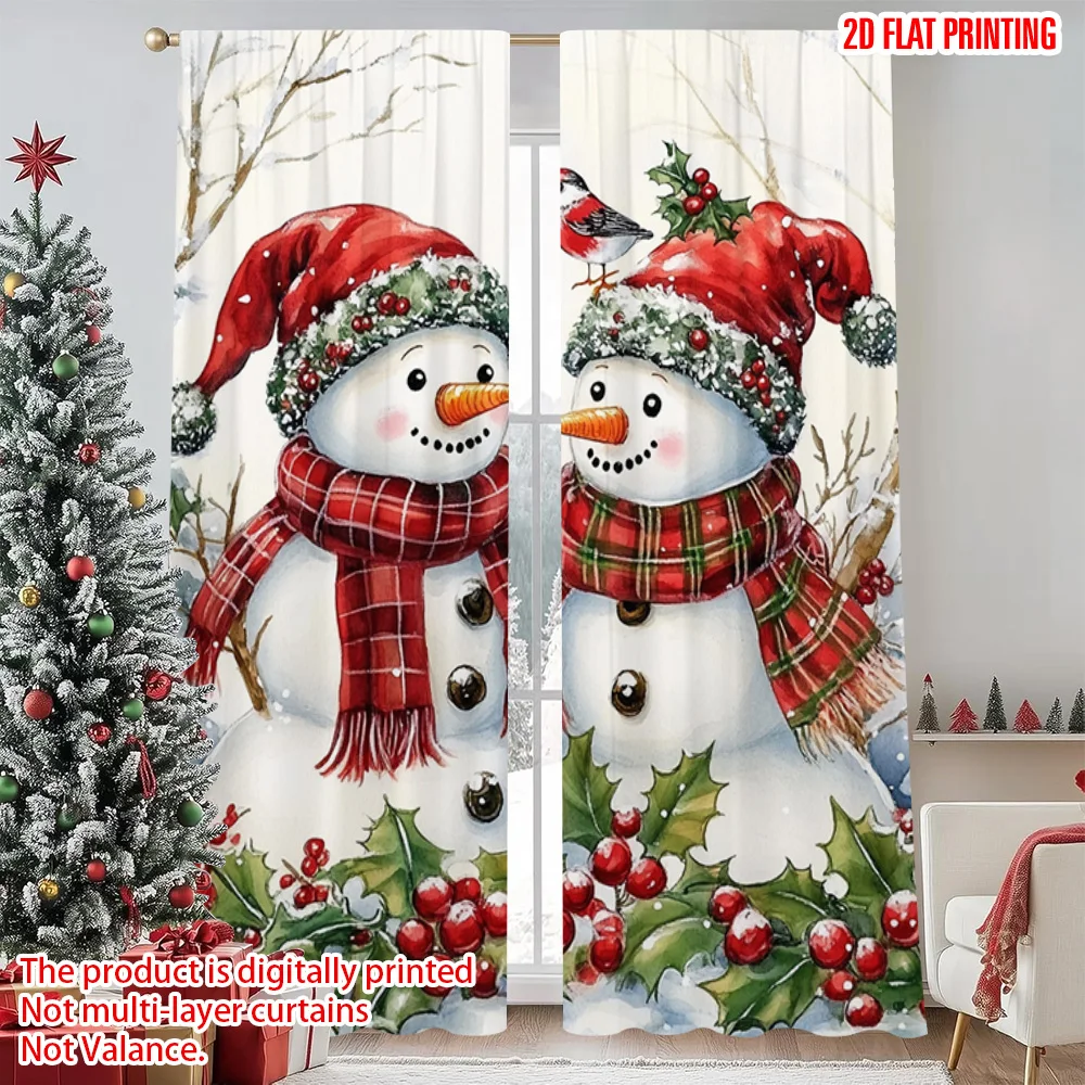 

2pcs 2D flat printing Christmas Window Drapes Christmas snowman4 Versatile Polyester Fabric Without Electricity Birthday Party
