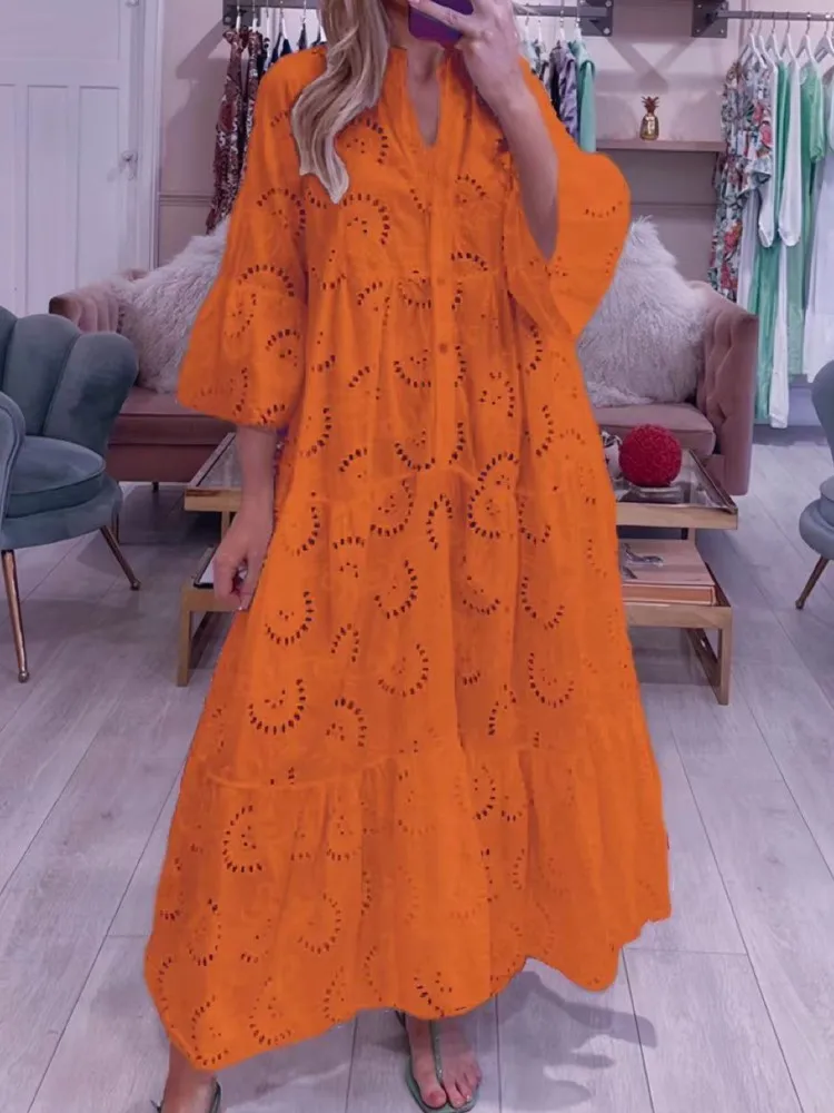 

2025 Hollow Out Lace Dress Women's Summer Elegant Flare Sleeve Solid Long Dresses Casual Loose Boho Party Vestidos Para Mujer