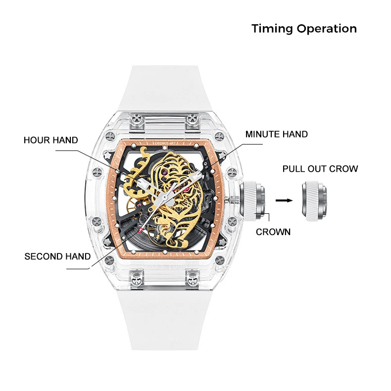 CRONUSART الرجال ساعة أوتوماتيكية فاخرة 50 مللي متر تونيو ساعة اليد الميكانيكية الاكريليك حالة مضيئة الهيكل العظمي النمر الهاتفي