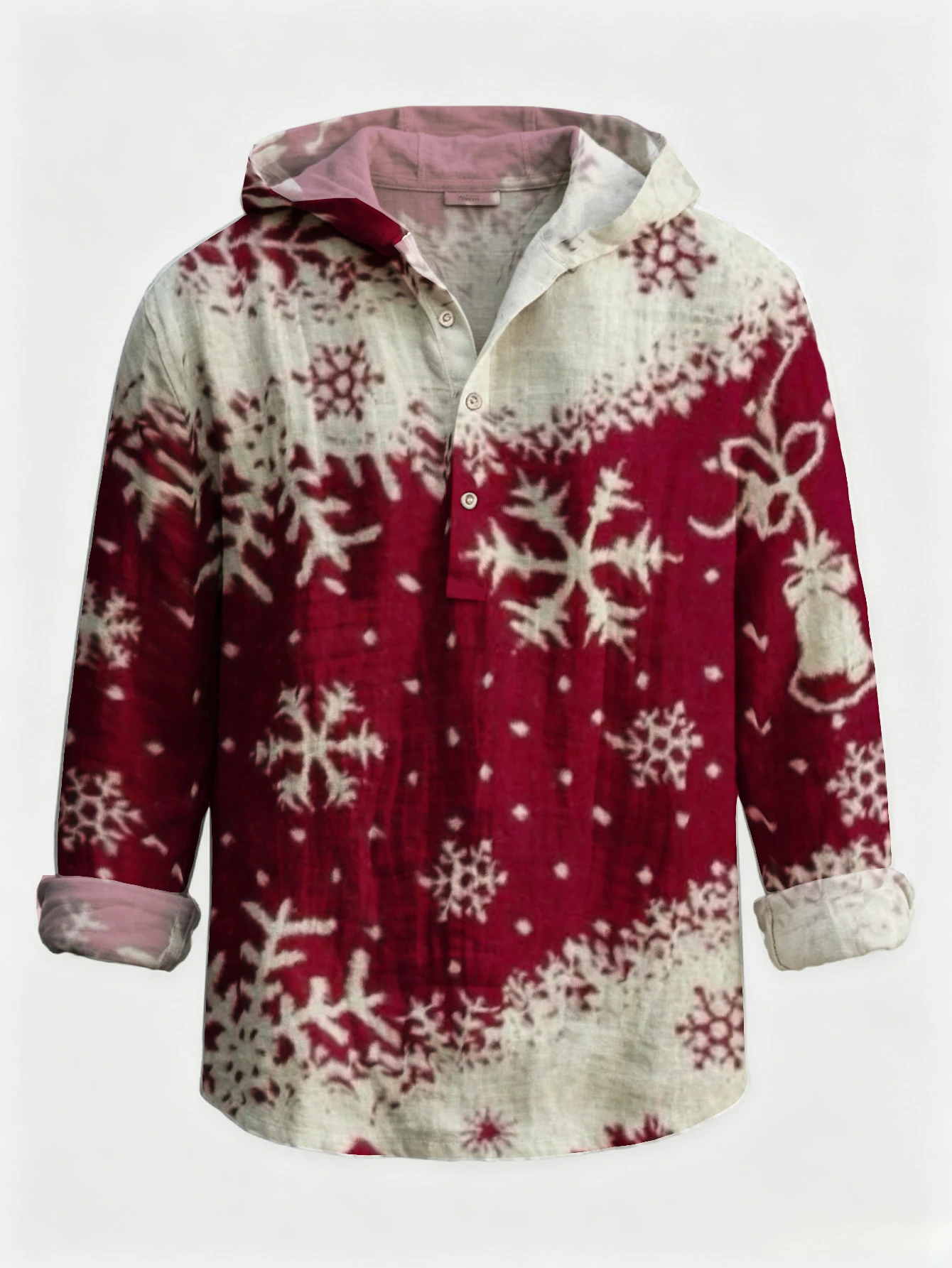 Men Festive Christmas Snowflakes All‑Over Print Hooded Henley Shirt Long Sleeve Half‑Button Loose Fit Holiday Daily Wear Tops