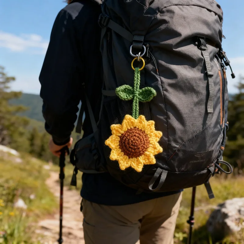 

Handmade Crochet Sunflower Keychain, Vibrant Yellow Flower with Green Leaves for Bag Charm, Car Interior Decor and Unique Gift