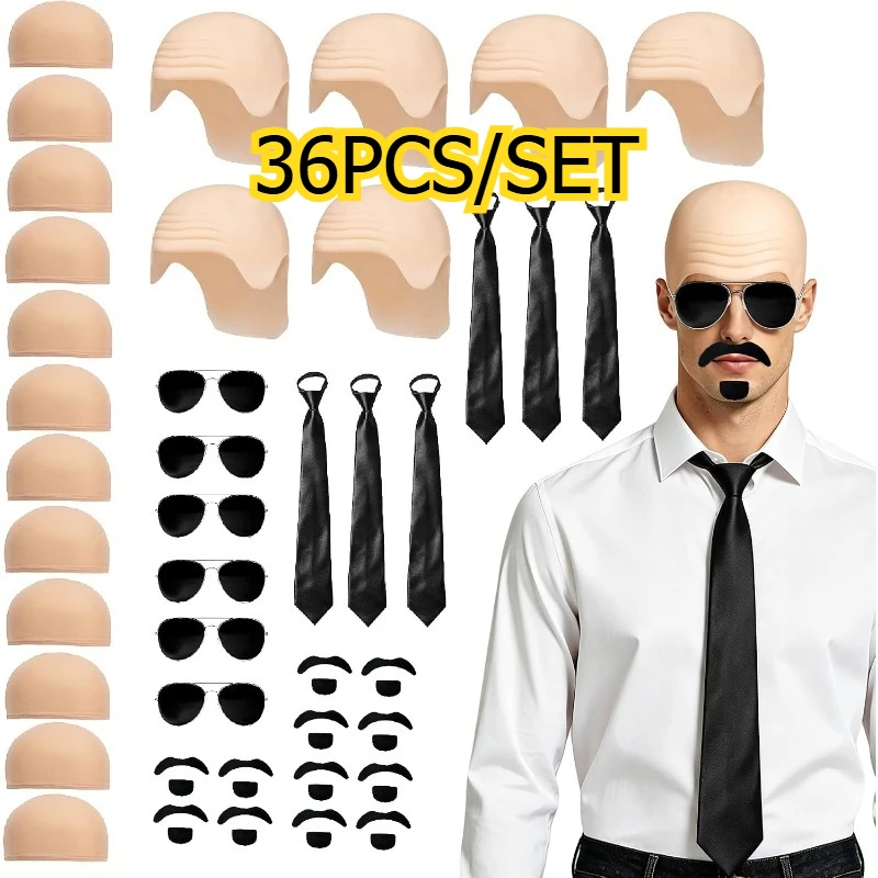 36 PCS Bald Cap Halloween Costume Cosplay Accessories Set with Latex Bald Hat And Nylon Wig Cap Glasses and tie for Women Men