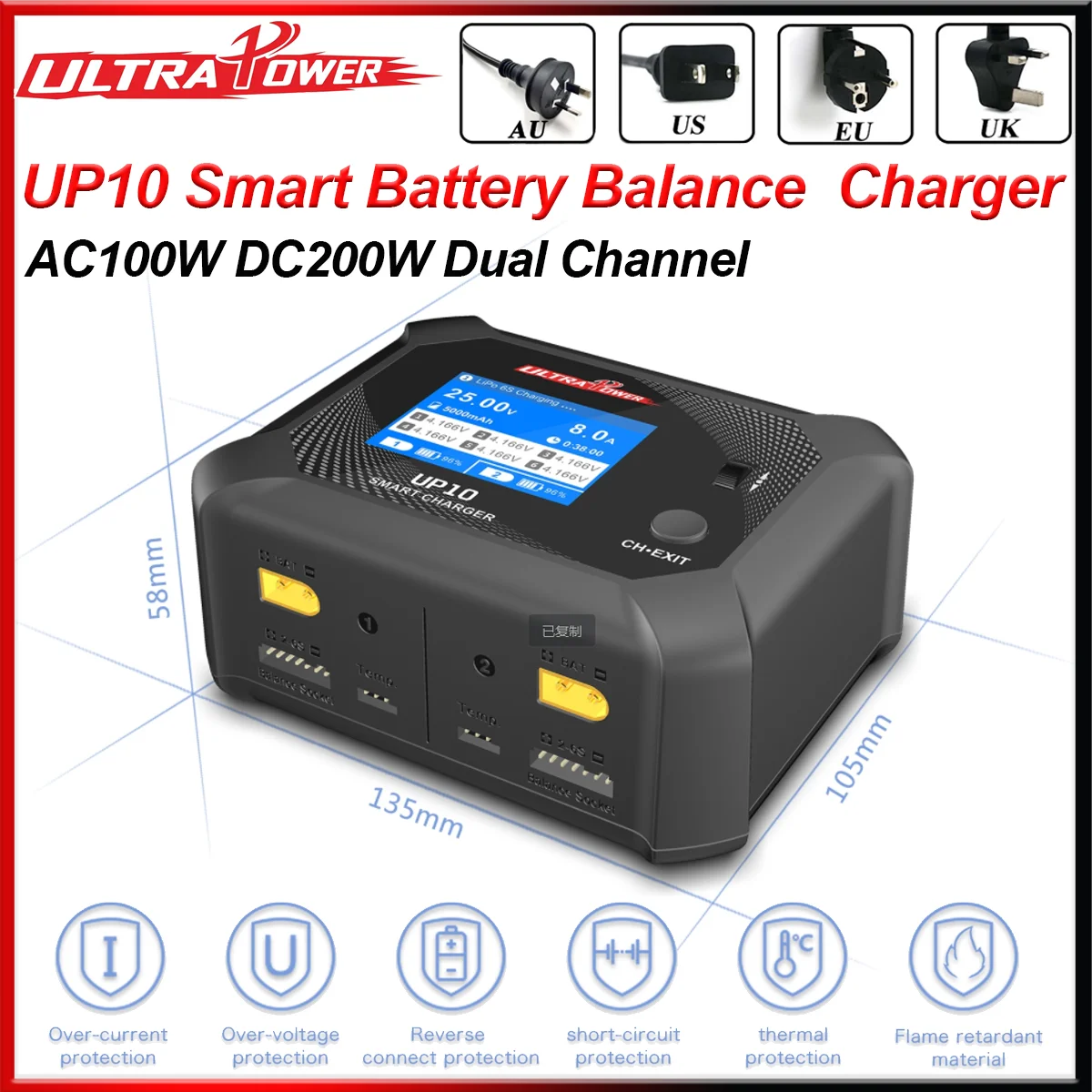 

UltraPower UP10 Smart Balance Charger Discharger AC100W DC200W Dual Channel for 1-6S LiHv LiPo LiFe Lilon 1-16S NiMH 1-12S Pb