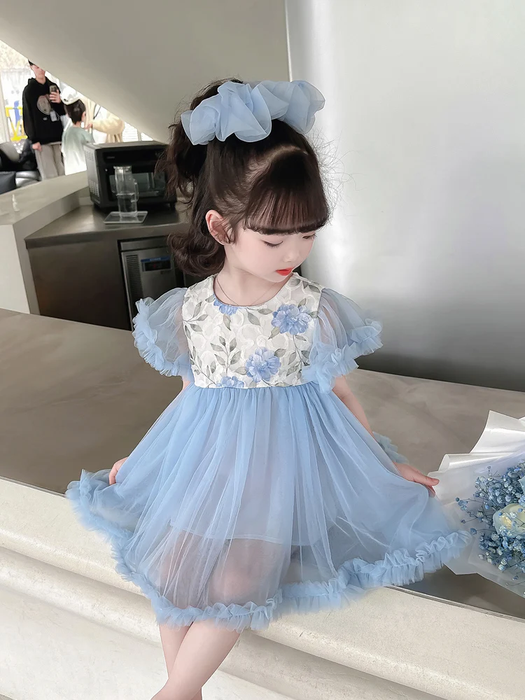 Princ Sle Floral Print Qipao Dr Net Skirt Children's Day Birthday Performance Clothes ort Sve Midi Skirt for Girls