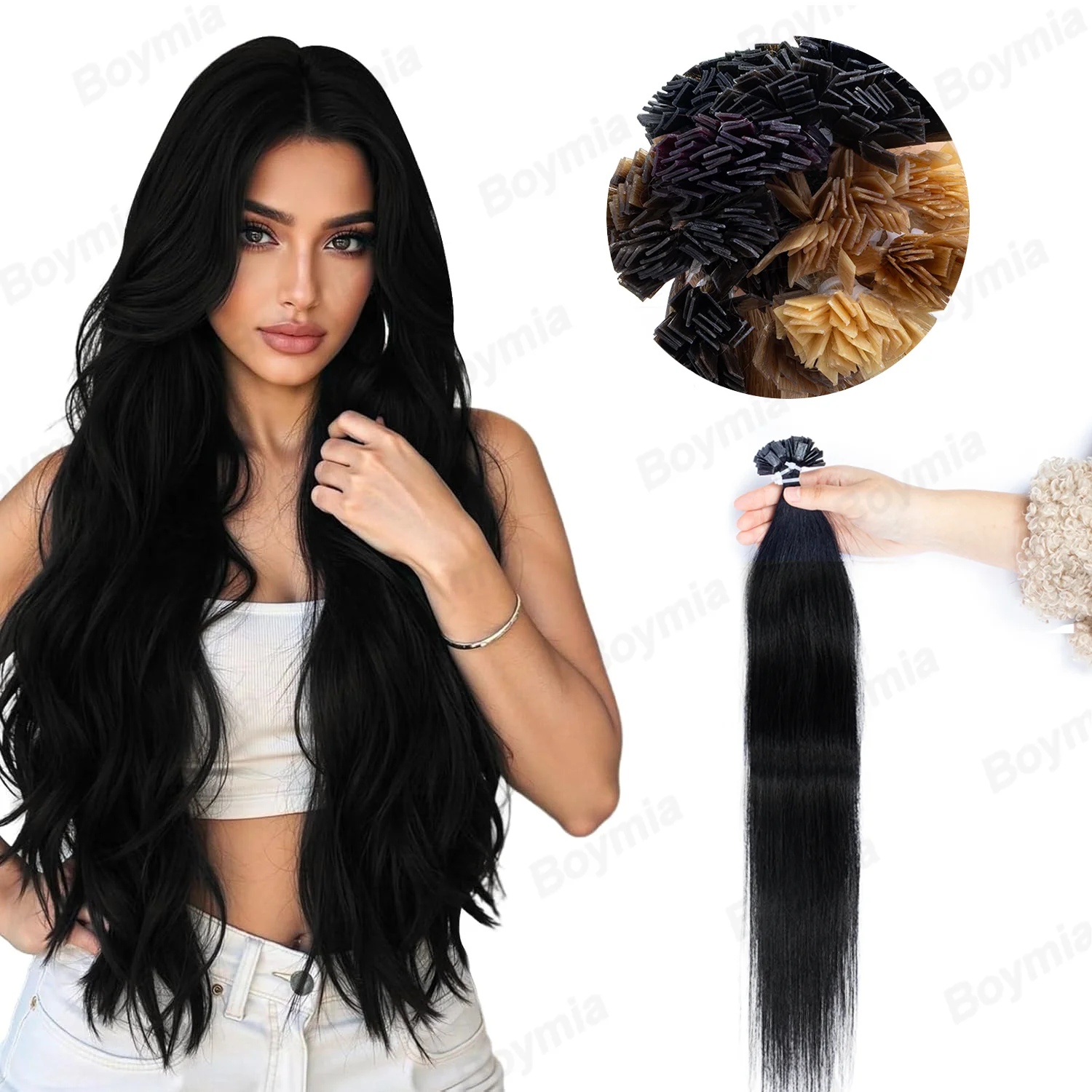 BOYMIA 50Pcs Flat Tip Hair Real Human Hair Extensions Keratin Hot Fusion Hair for Women Short Hair Add Volume 12-22Inches