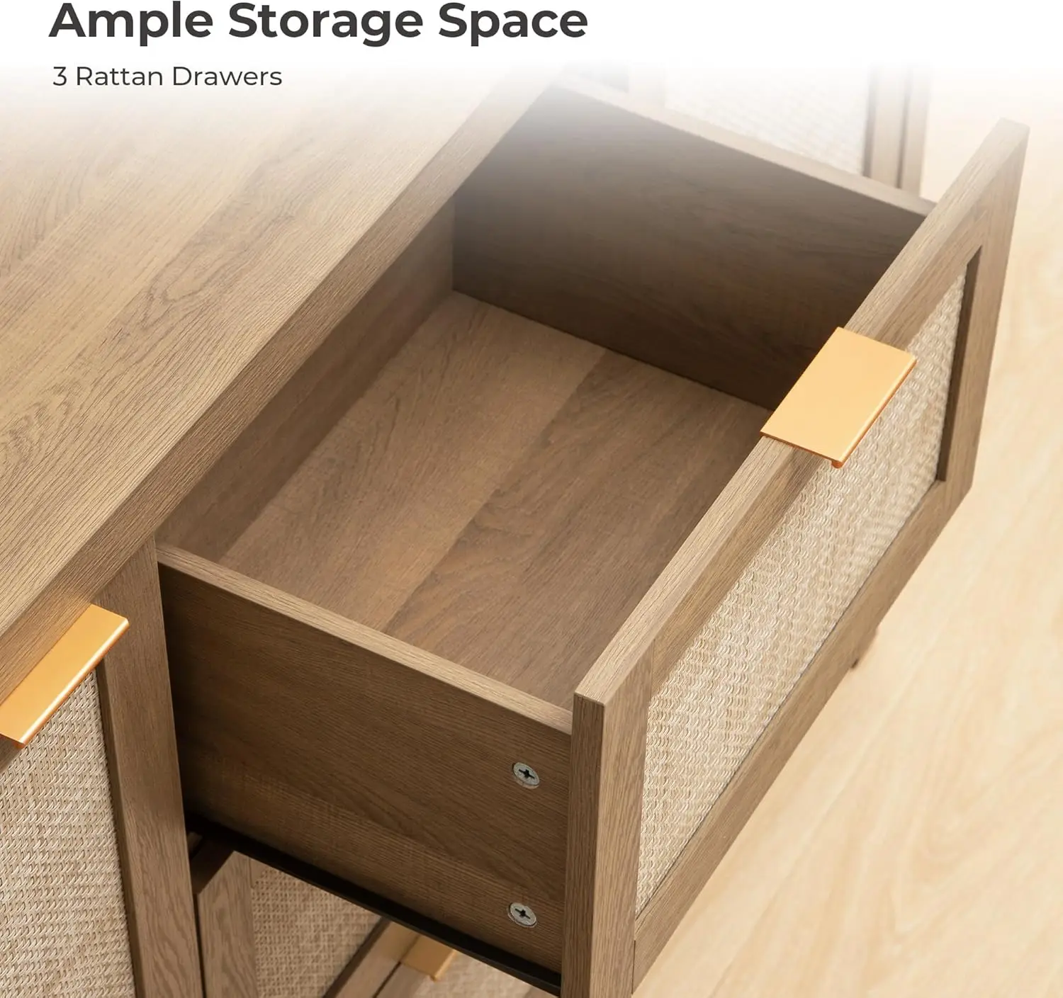 Credenza a buffet in rattan con 3 cassetti e 2 ante, armadio portaoggetti in quercia caramello per soggiorno, cucina