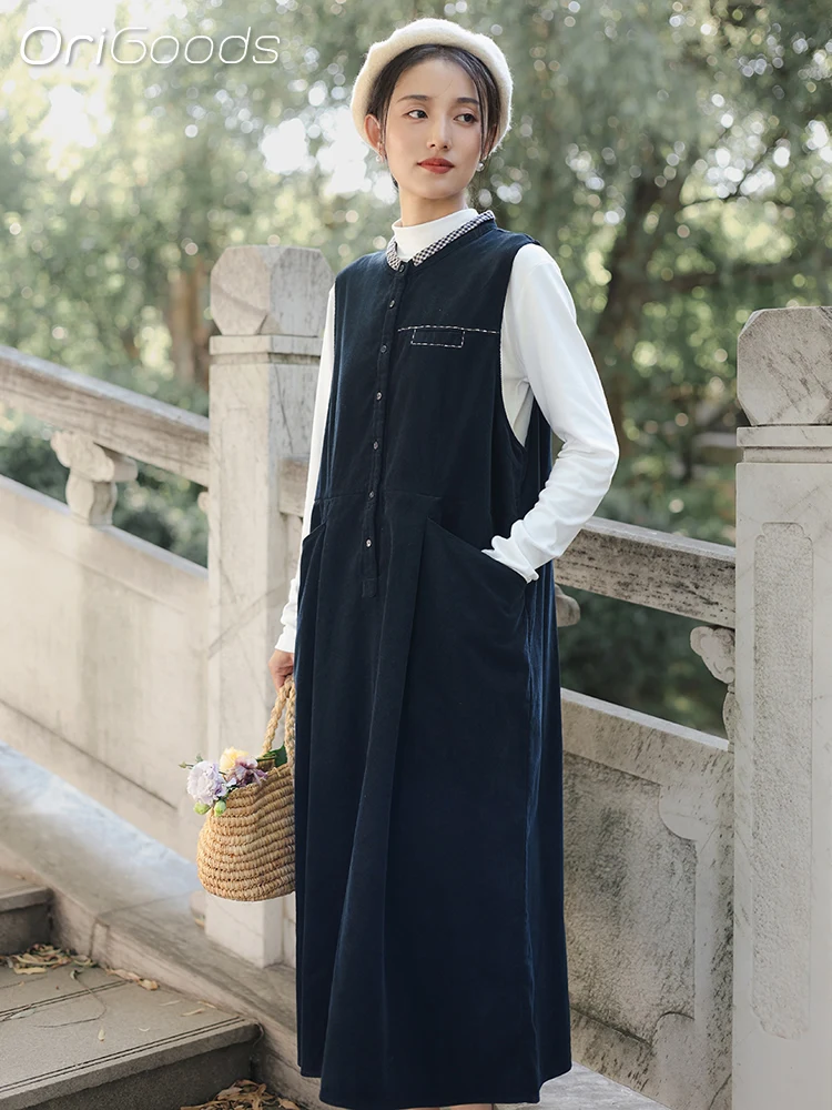

OriGoods Sleeveless Dress Woman Corduroy 100% Cotton 2025 New Autumn Dress Elegant Korean Japan Fashion Corduroy Long Dress Q154