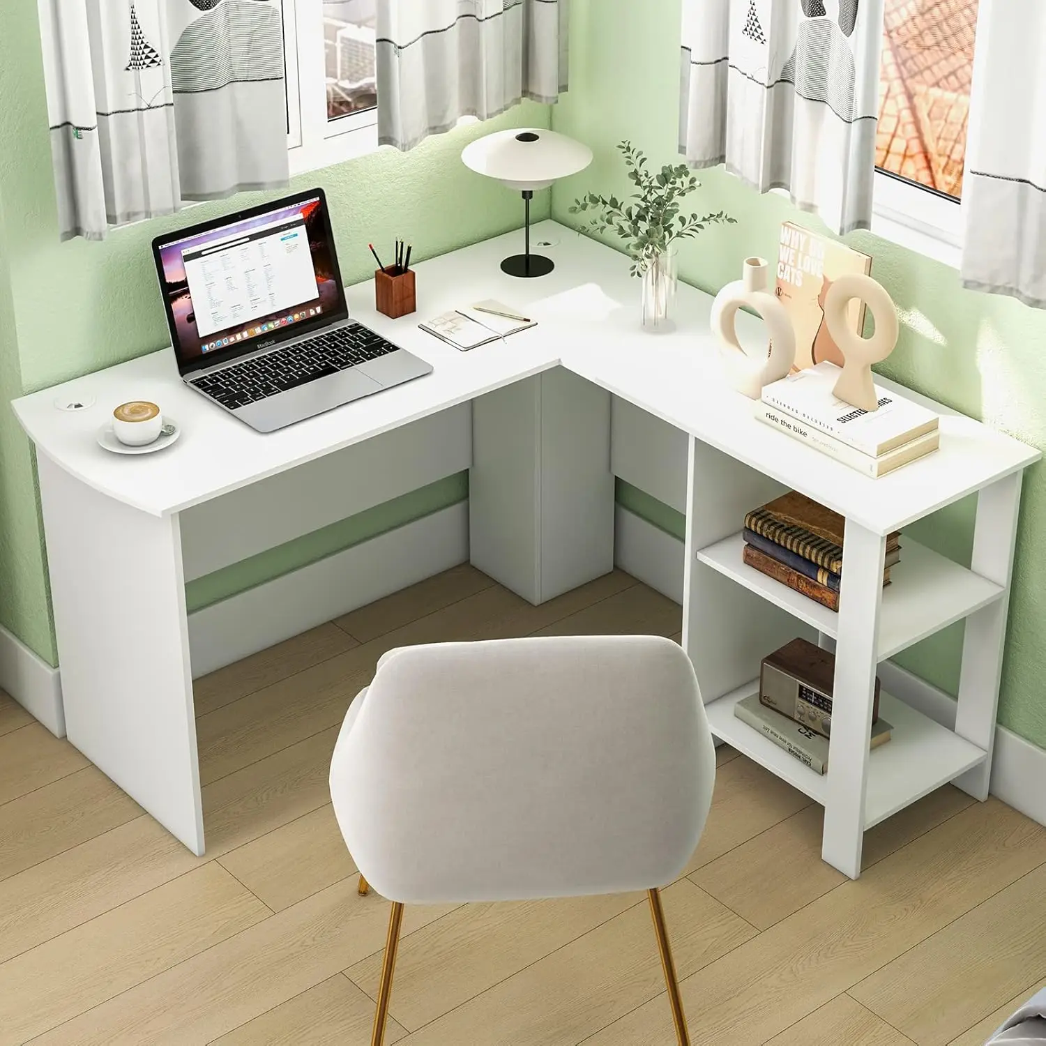 Elegant White L-Shaped Desk with Storage, Wooden Corner Computer Workstation Gaming & Writing Study Desk - Home Office Furniture