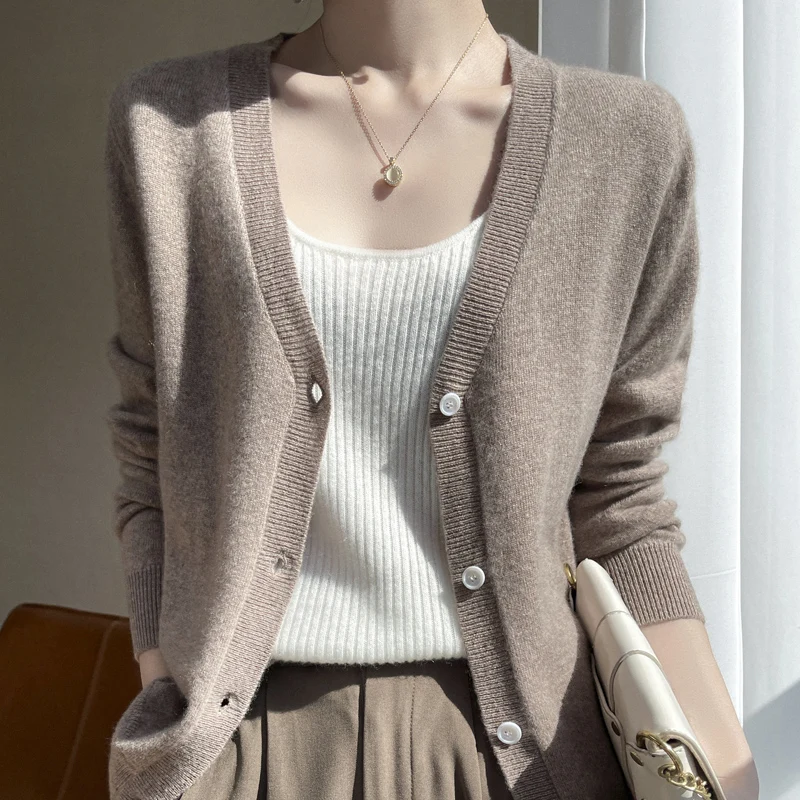 2023 Spring Autumn New Women 100% Cashmere Cardigans Basic Sweater Female Solid Color Soft Knitted Jacket V-Neck Shirt Top