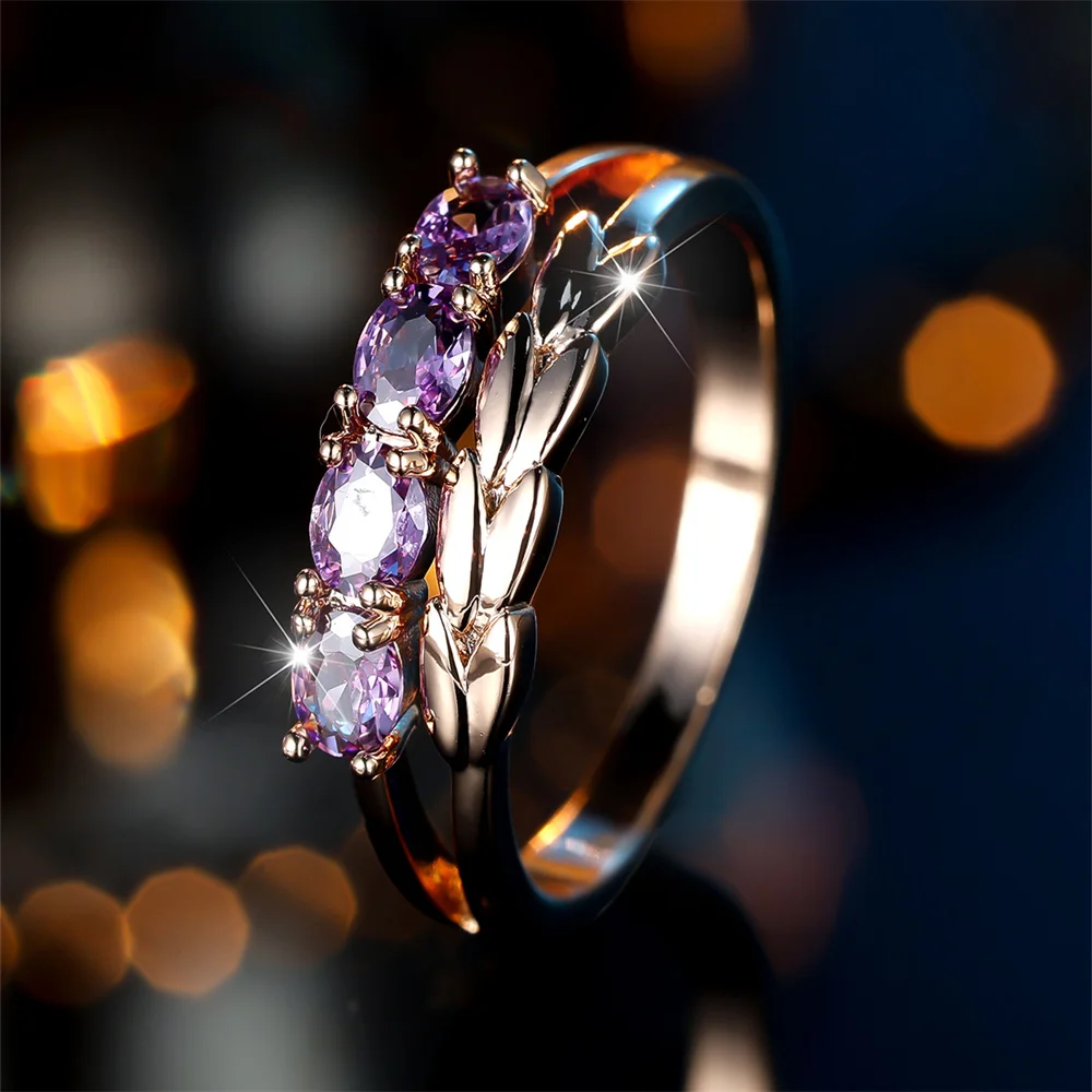 Fashion Oval Stone Purple Crystal Zircon Engagement Promise Rings For Women Vintage Gold Color Wedding Bands Jewelry