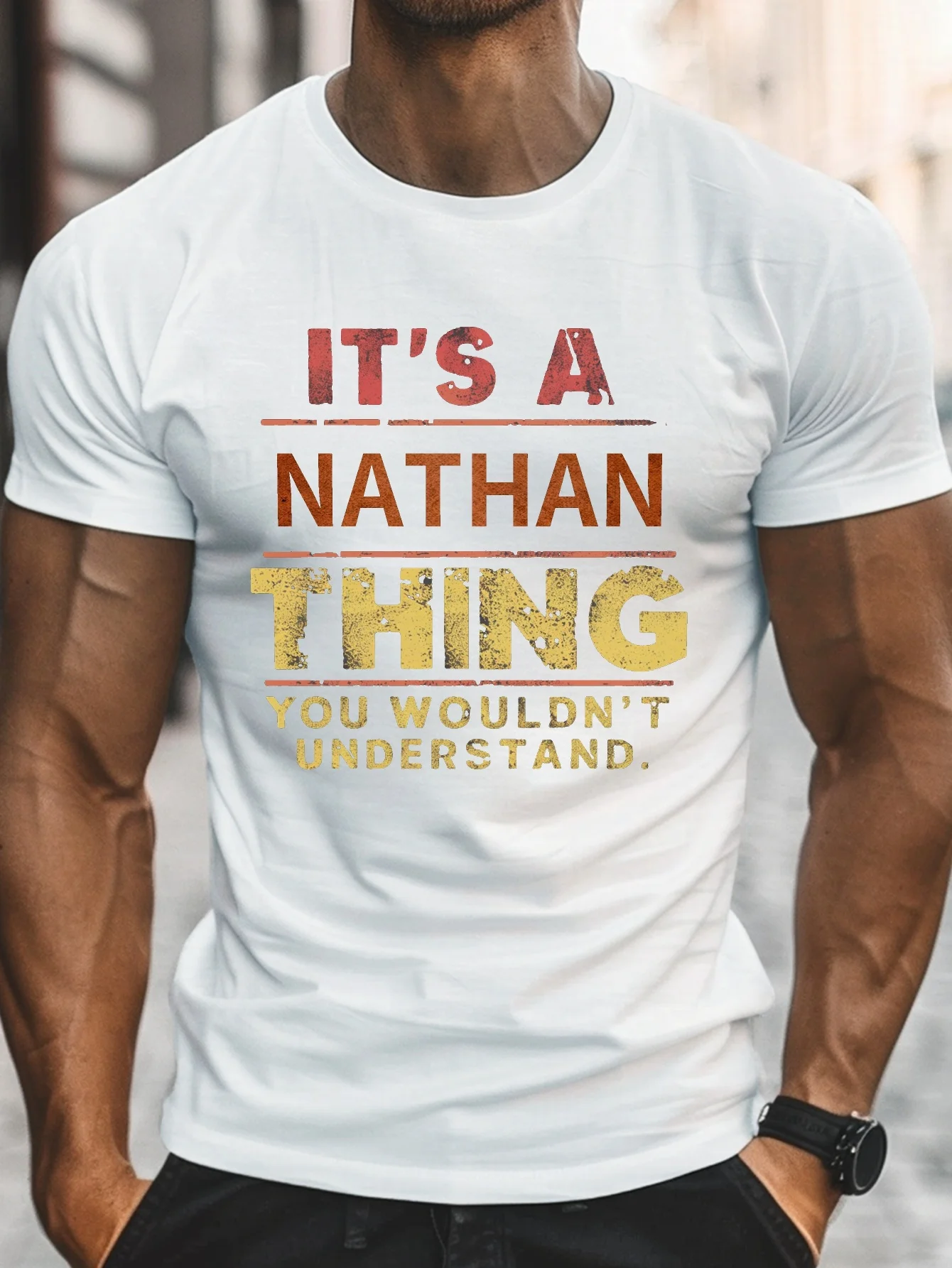 เสื้อยืดผู้ชายผ้าฝ้ายแท้ เสื้อเชิ้ตลำลอง คอกลม รุ่นปกติ ผ้าถัก ลายเนธาน พิมพ์ สวมใส่ทุกวัน