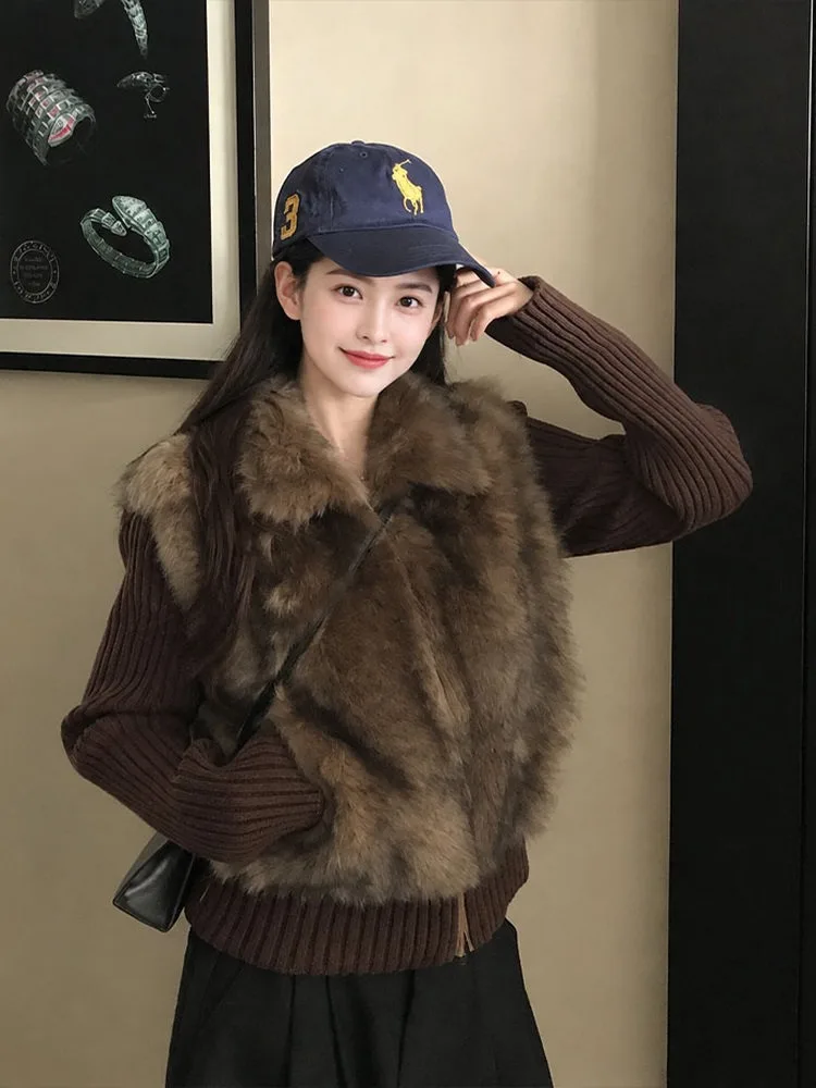 Vintage Cropped Cardigan Cozy Women's Sweater Knitted Long Sleeve Faux Fur Collar Autumn Winter Women's Slim Knit Sweater