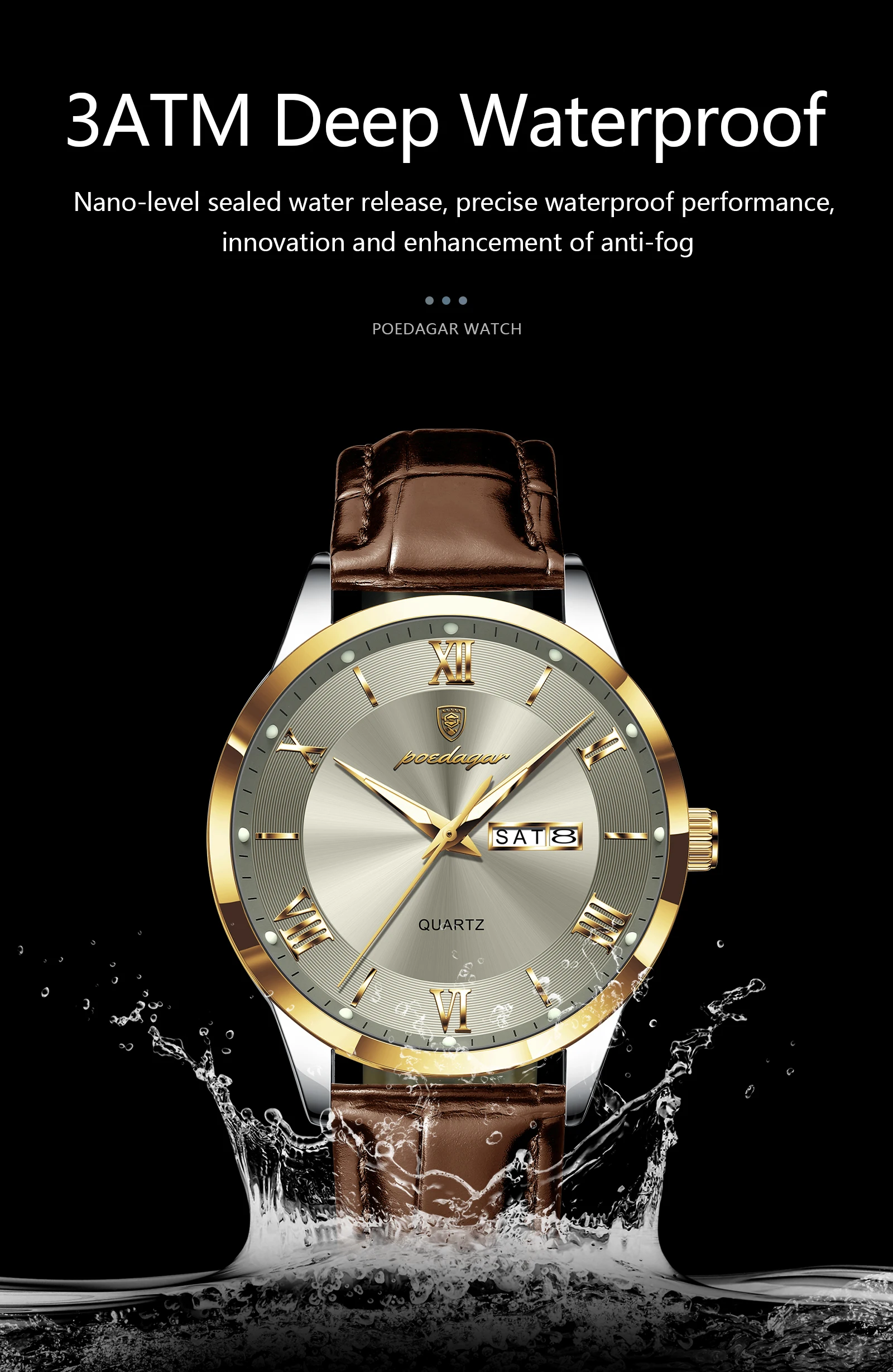 POEDAGAR Original Mode Uhr Für Mann Leder Datum Woche Quarz Männer Uhr Wasserdicht Leucht Business herren Uhren Männlich Reloj – Detail 10