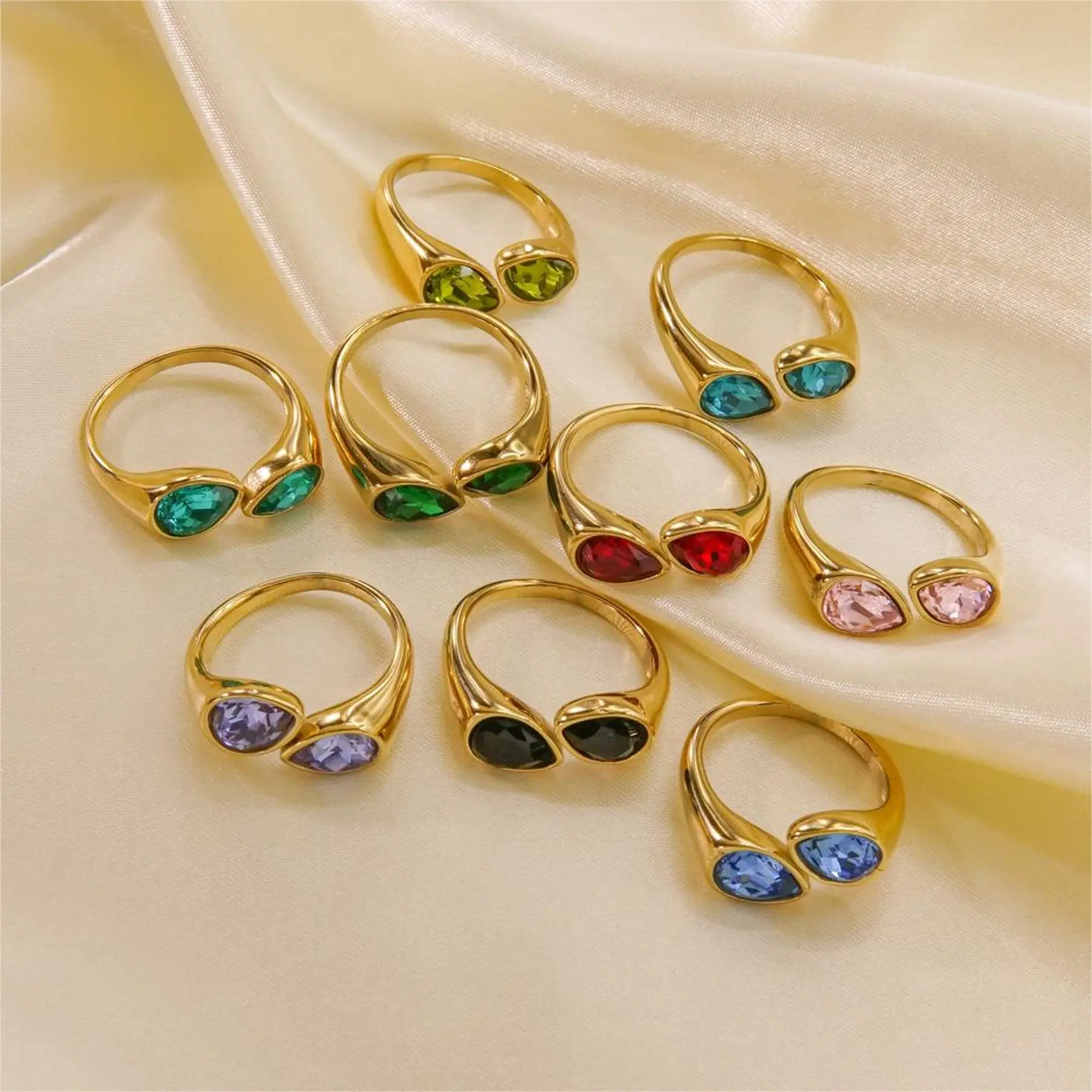 Stylish Stainless Steel Ring Open Design Double Birthstone Colorful Stone Waterdrop Shape Modern Elegance Gift Birthday