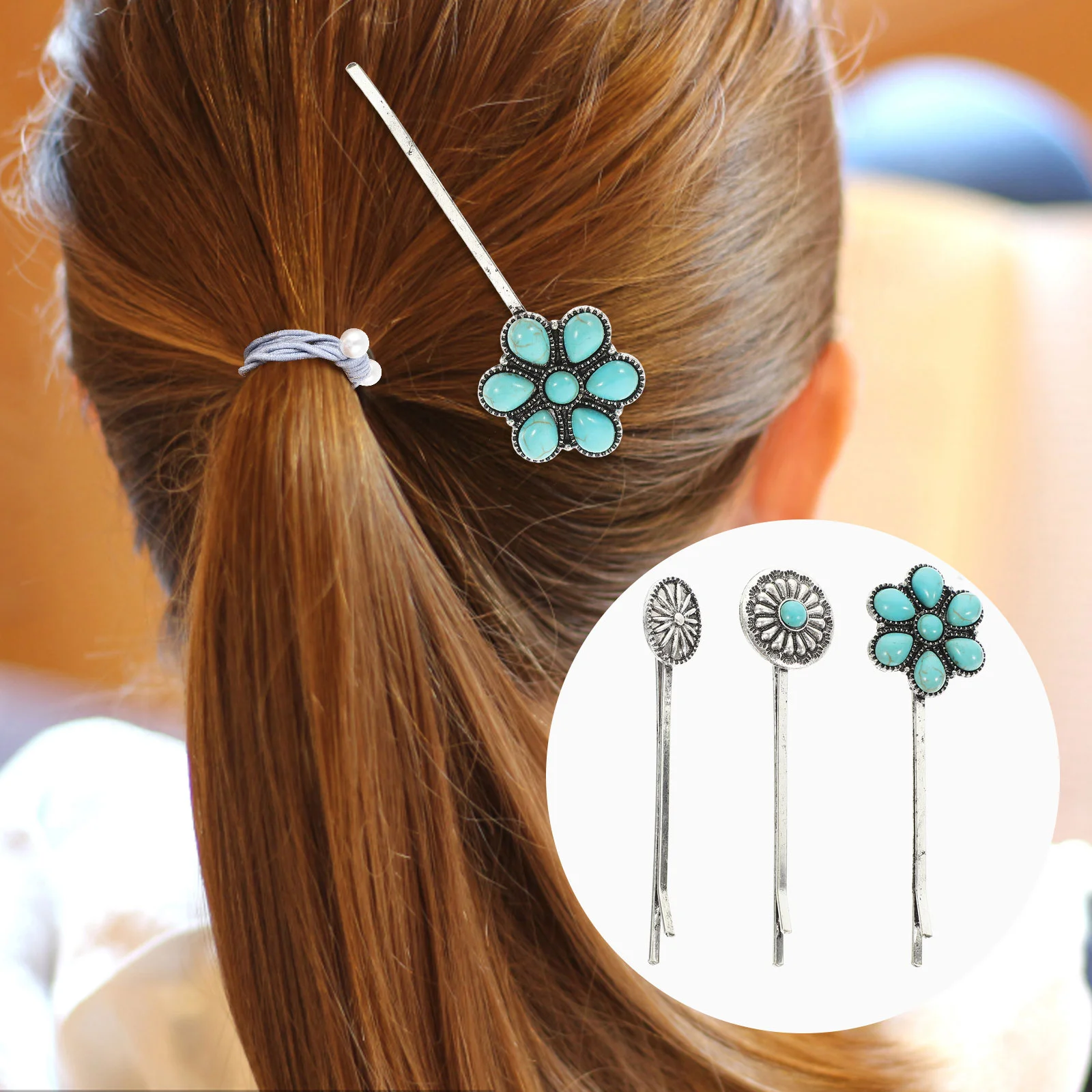 

Vintage Turquoise Alloy Hair Toppers Accessories for Women Metal Barrettes Clips