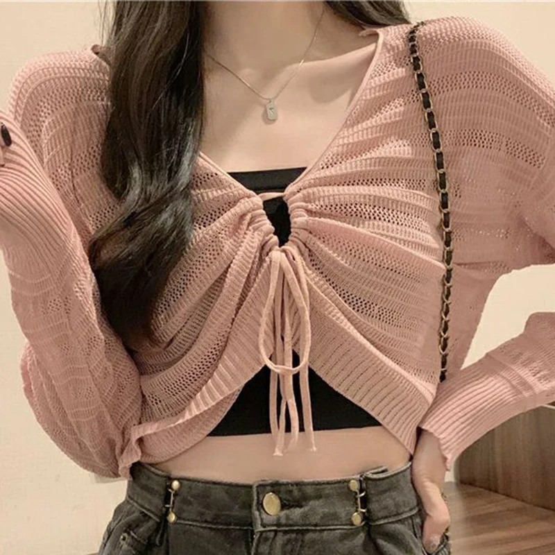 Gidyq Pink Hollow Out Cardigan Women Sweet Kawaii Slim Ladies Shirt Solid All Match Drawstring V Neck Female Top Summer New