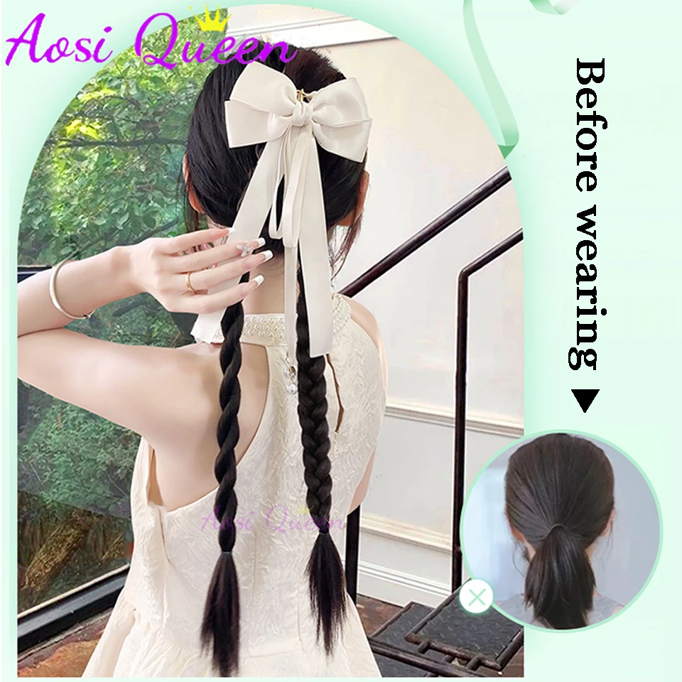 AOSI Synthetic Ponytail Wig For Women New Chinese Style Claw Clip Ancient Style Hanfu Wig Braid Twist Boxing Braid Low Ponytail