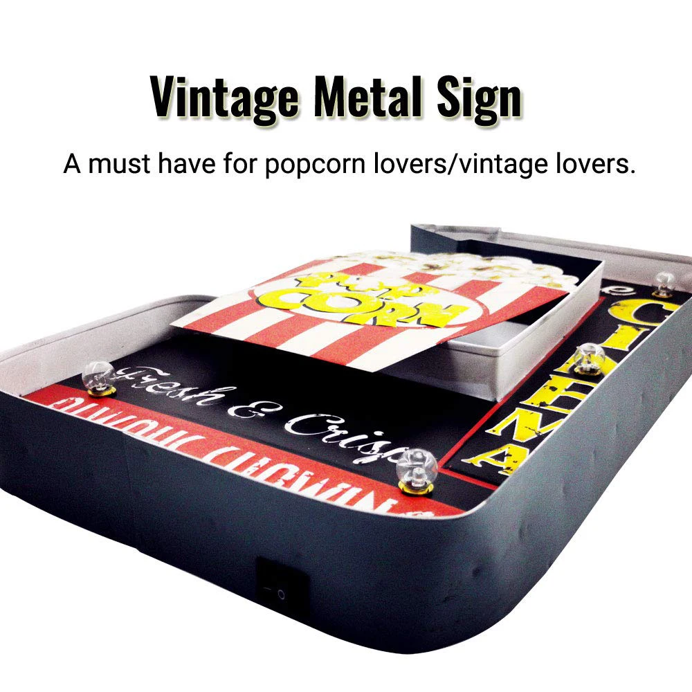 Popcorn Vintage Retro Tin Signs, Handmade Light Up Metal Sign, Popcorn led sign, for Home Theater Living Room Pub Wall Decor