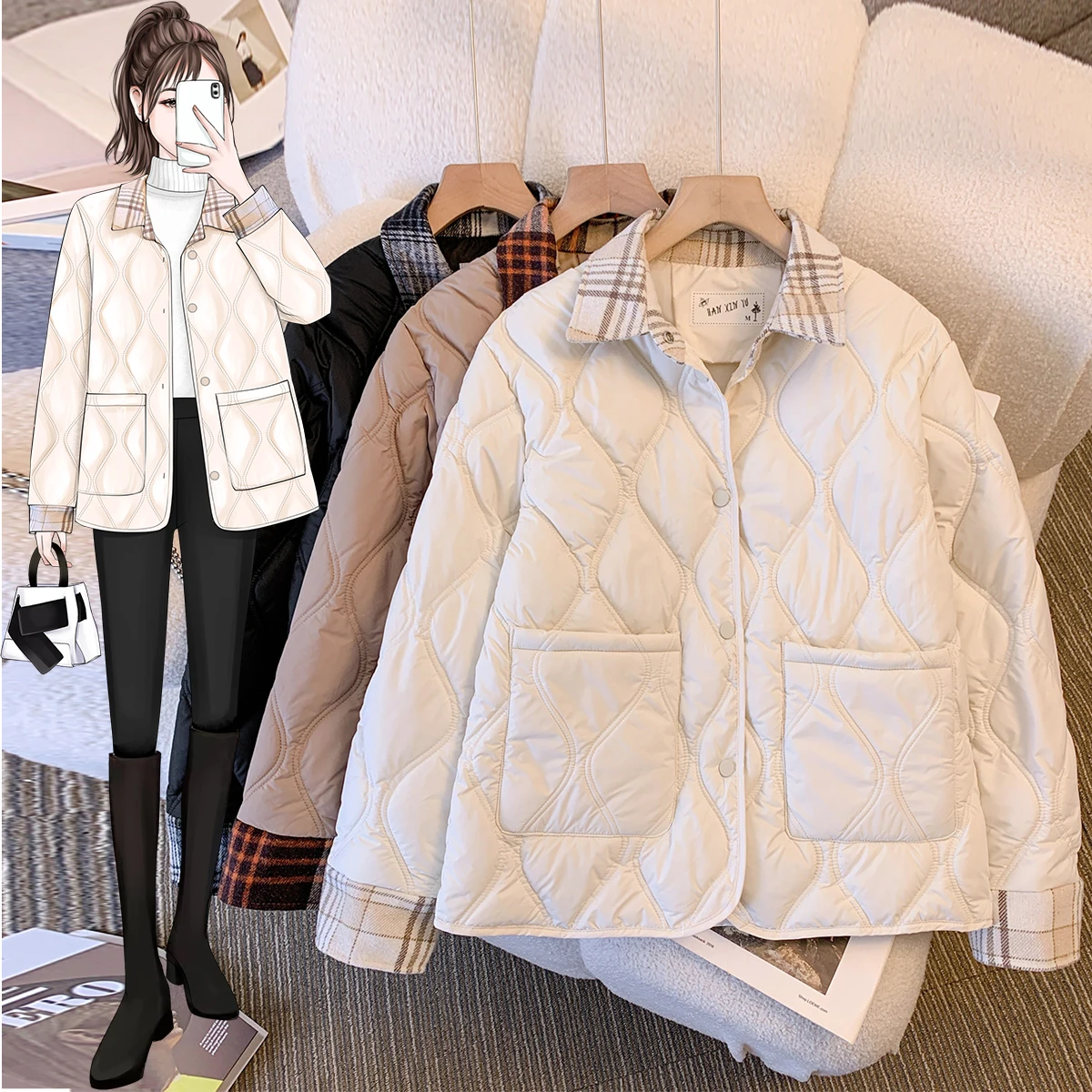 

Lightweight down Cotton Jaet Hooded Long Sve Regular Length Loose Fit Single Button Closure Autumn Winter Korean Sle W...