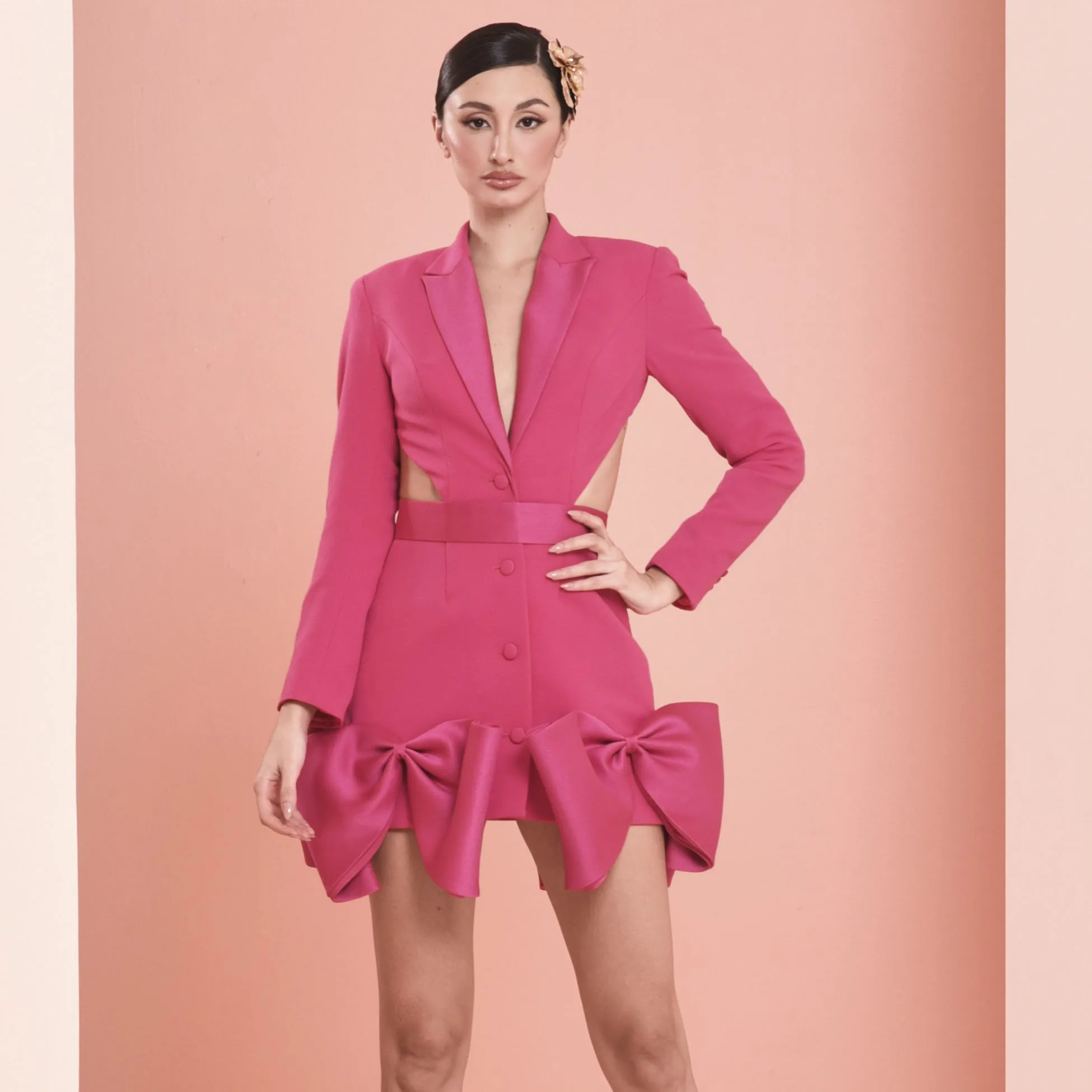 High Street Fuchsia Bow Short Women Blazer Dresses Sexy Cut Out Sheath Mini Dresses To Party Stratchy Maxi Dress