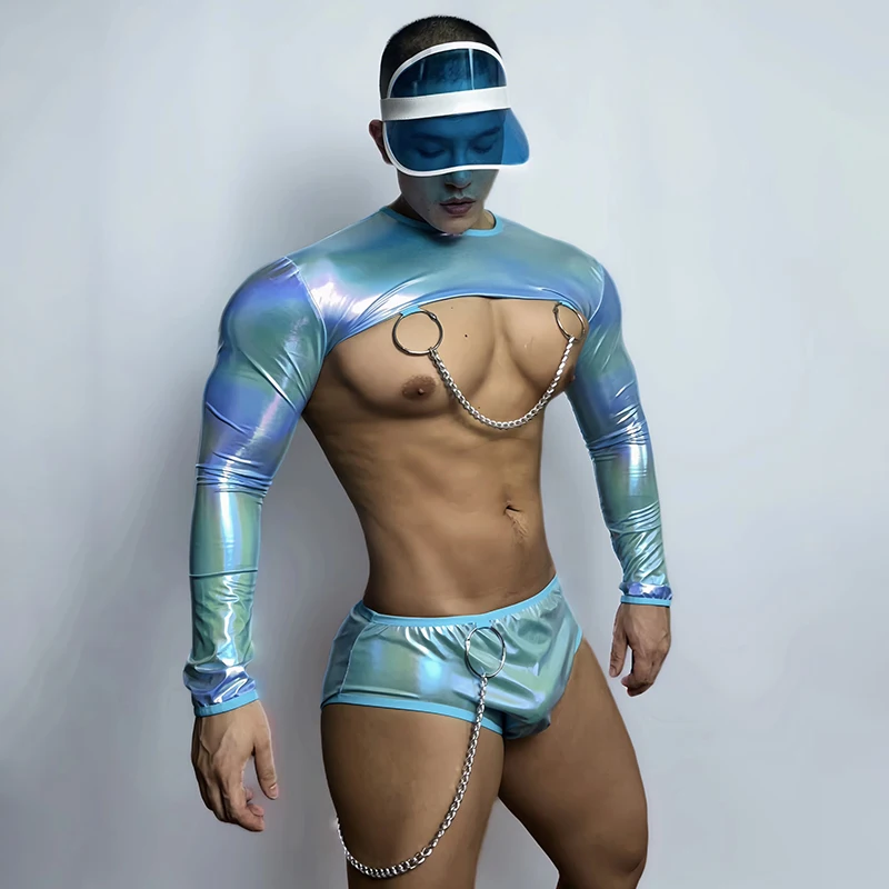 Homem muscular gogo dançarino roupas boate bar pólo dança traje masculino sexy jazz laser topos shorts festa mostrar rave outfit vdb6866