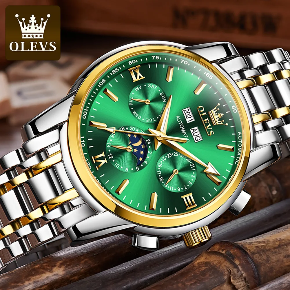 OLEVS Luxury Automatic Mechanical Watch Man Moon Phase Watches Waterproof Double Calendar Stainless Steel Strap Male Wrist watch