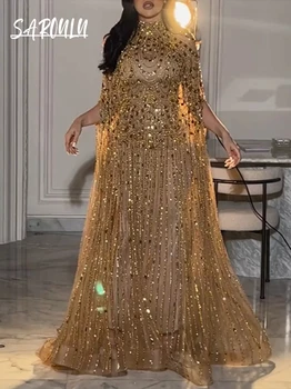 Şık Altın Payetler Yüksek Boyun Abiye Modern A Line Balo Zarif Kadın Düğün Özelleştirilmiş Elbise Artı Boyutu Moda