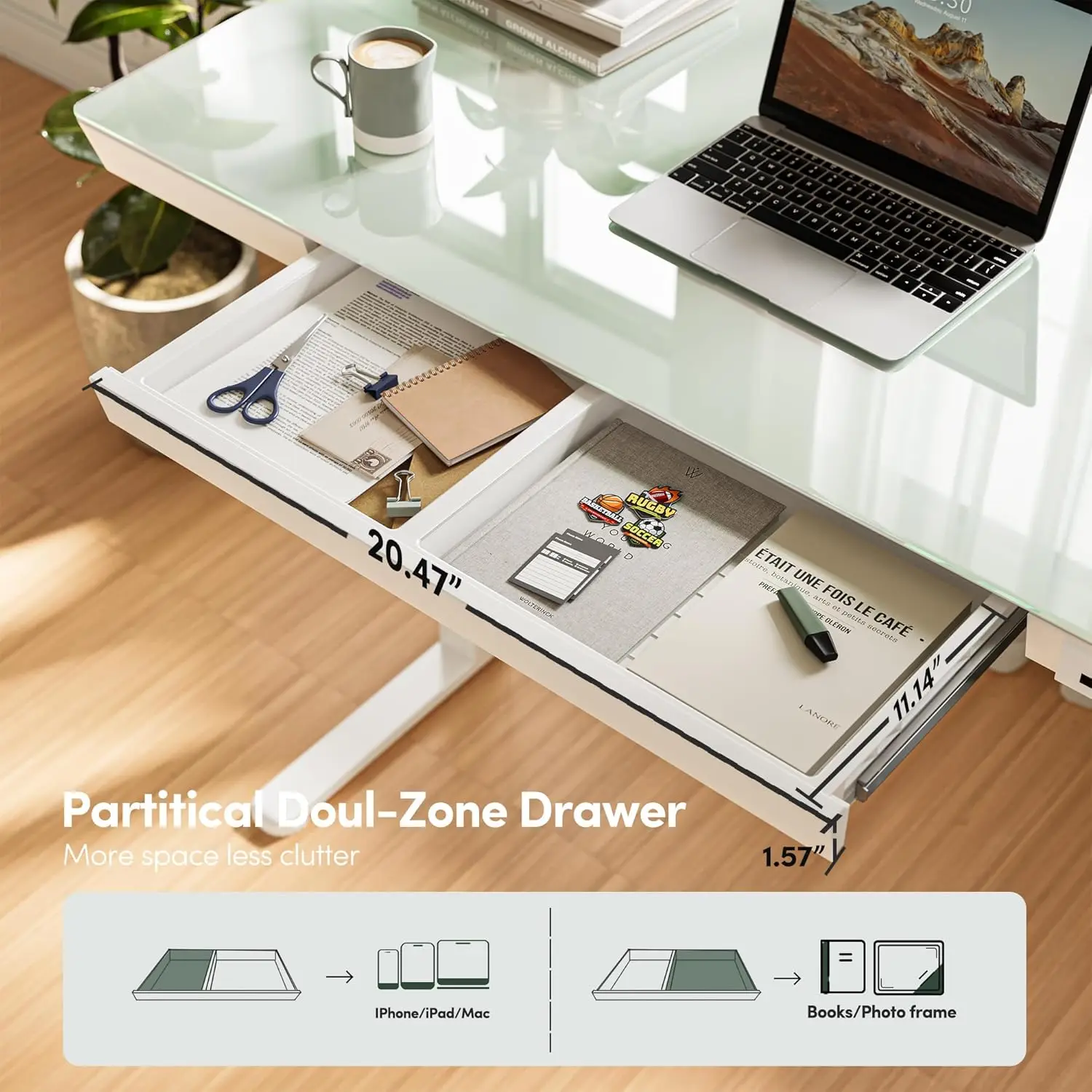 مكتب قائم كهربائي 48 × 24 مع أدراج، سطح زجاجي، تركيب سريع، أبيض