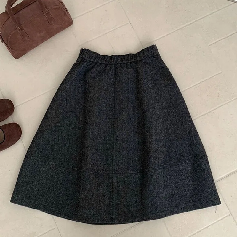 Korean Fashion Elegant Gray Tweed Bubble Hem A-Line Midi Skirt Fall Winter High Waist Office Casual Knee-length Skirts for Women